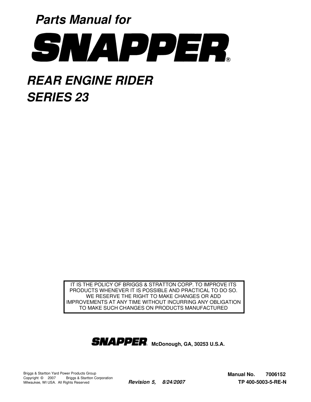 Snapper 281023BVE manual Rear Engine Rider Series 