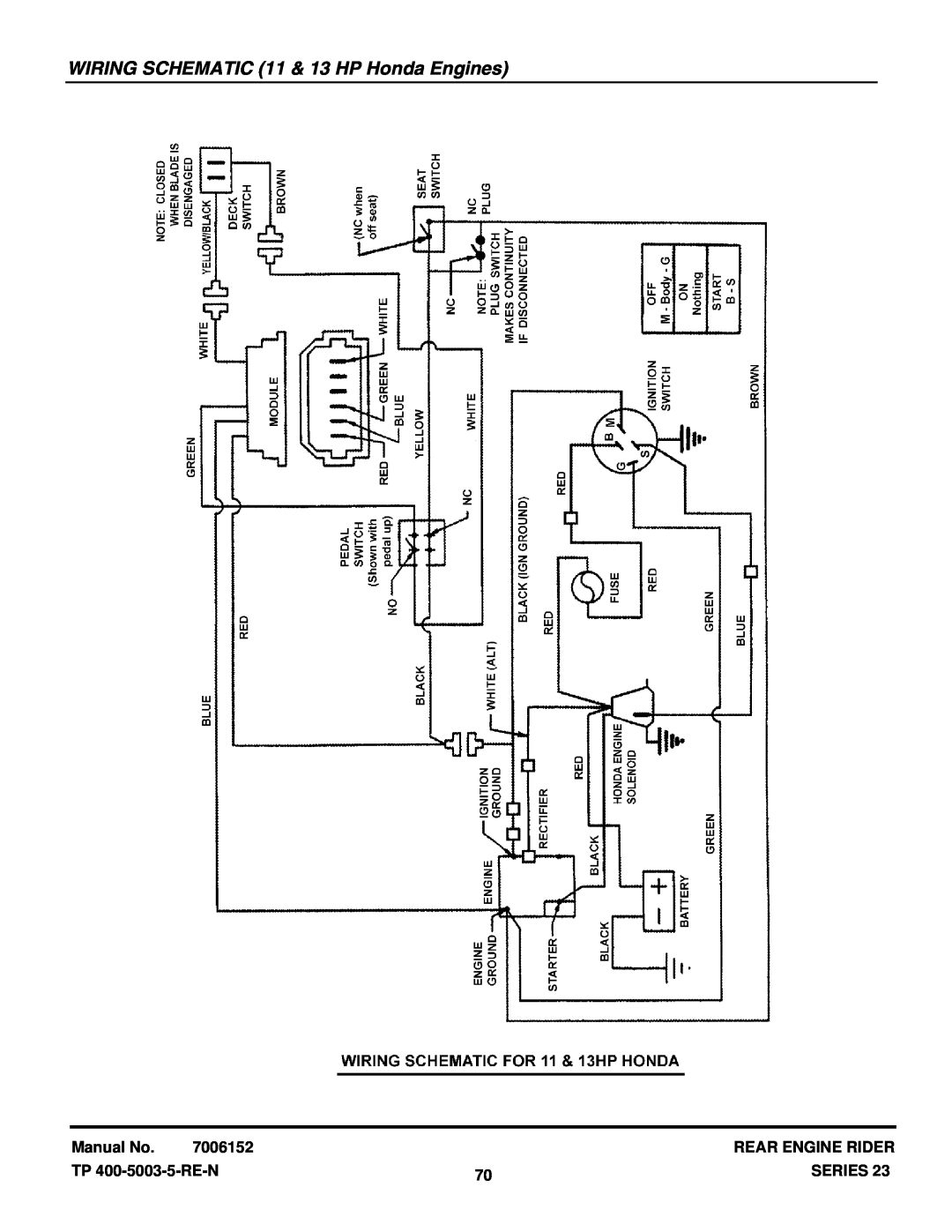 Snapper 281023BVE WIRING SCHEMATIC 11 & 13 HP Honda Engines, Manual No, 7006152, Rear Engine Rider, TP 400-5003-5-RE-N 