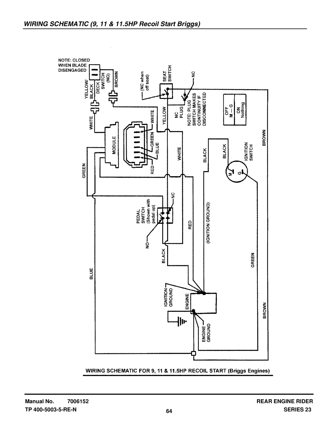 Snapper 2812523BVE (7800104), 2812523BVE (7085622), 281123HVE (84883) Wiring Schematic 9, 11 & 11.5HP Recoil Start Briggs 