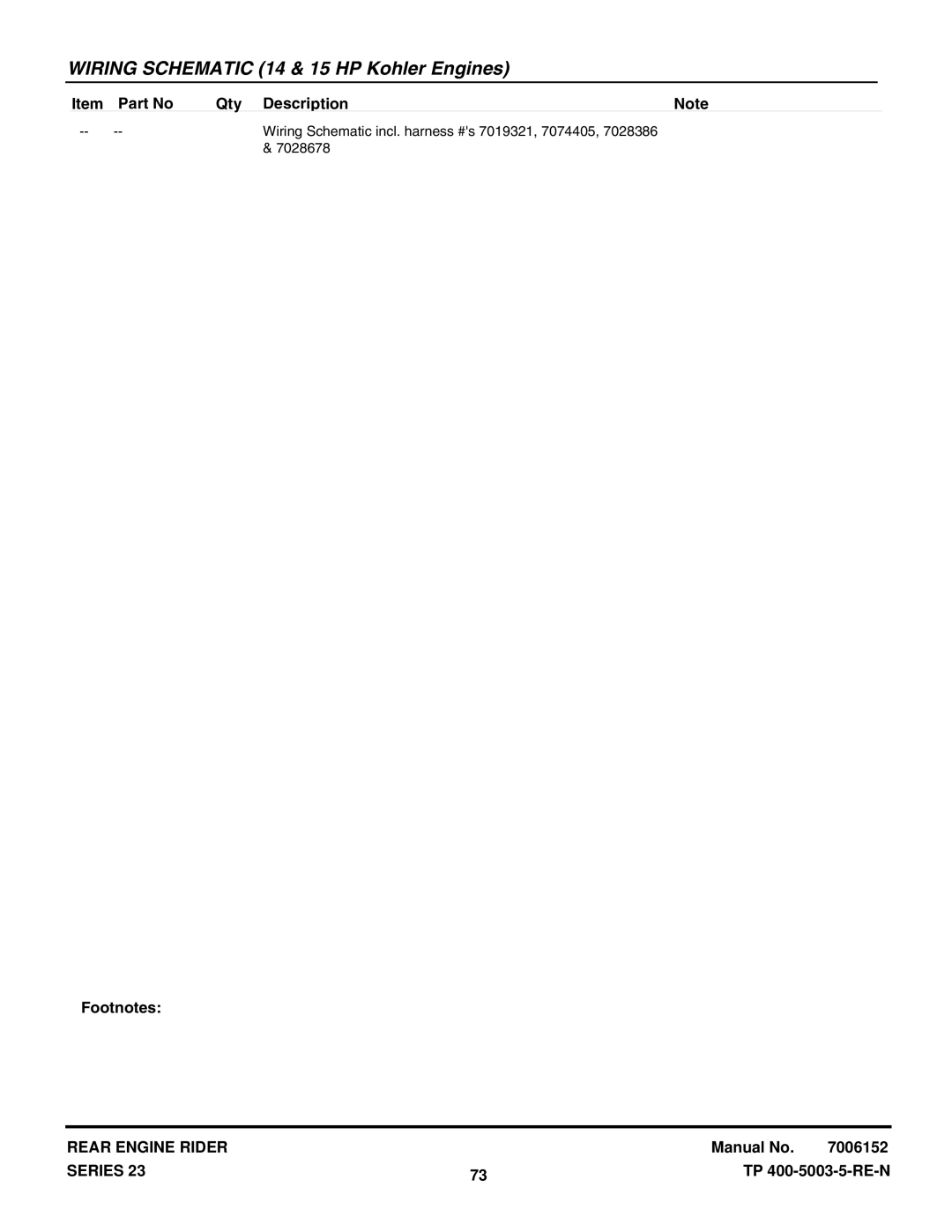 Snapper 301123BV (84941), 2812523BVE (7085622), 281123BV (84940) Wiring Schematic incl. harness #s 7019321, 7074405 7028678 