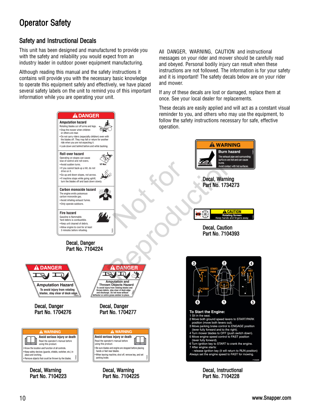 Snapper 285Z manual Safety and Instructional Decals, Decal, Caution, Decal, Warning 