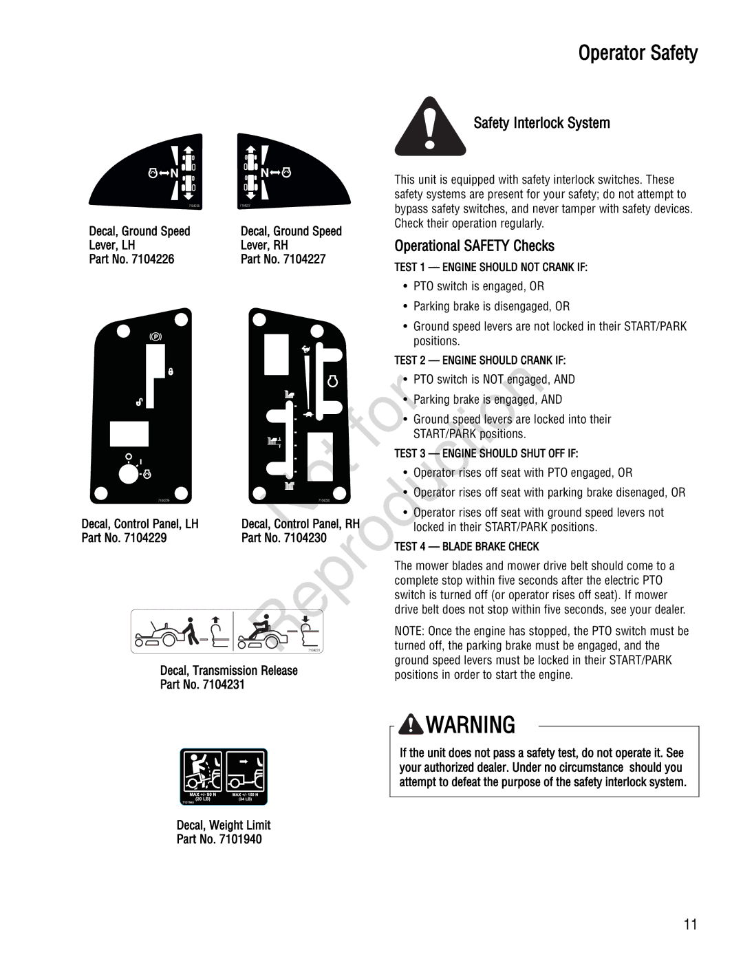 Snapper 285Z manual Safety Interlock System, Operational Safety Checks 