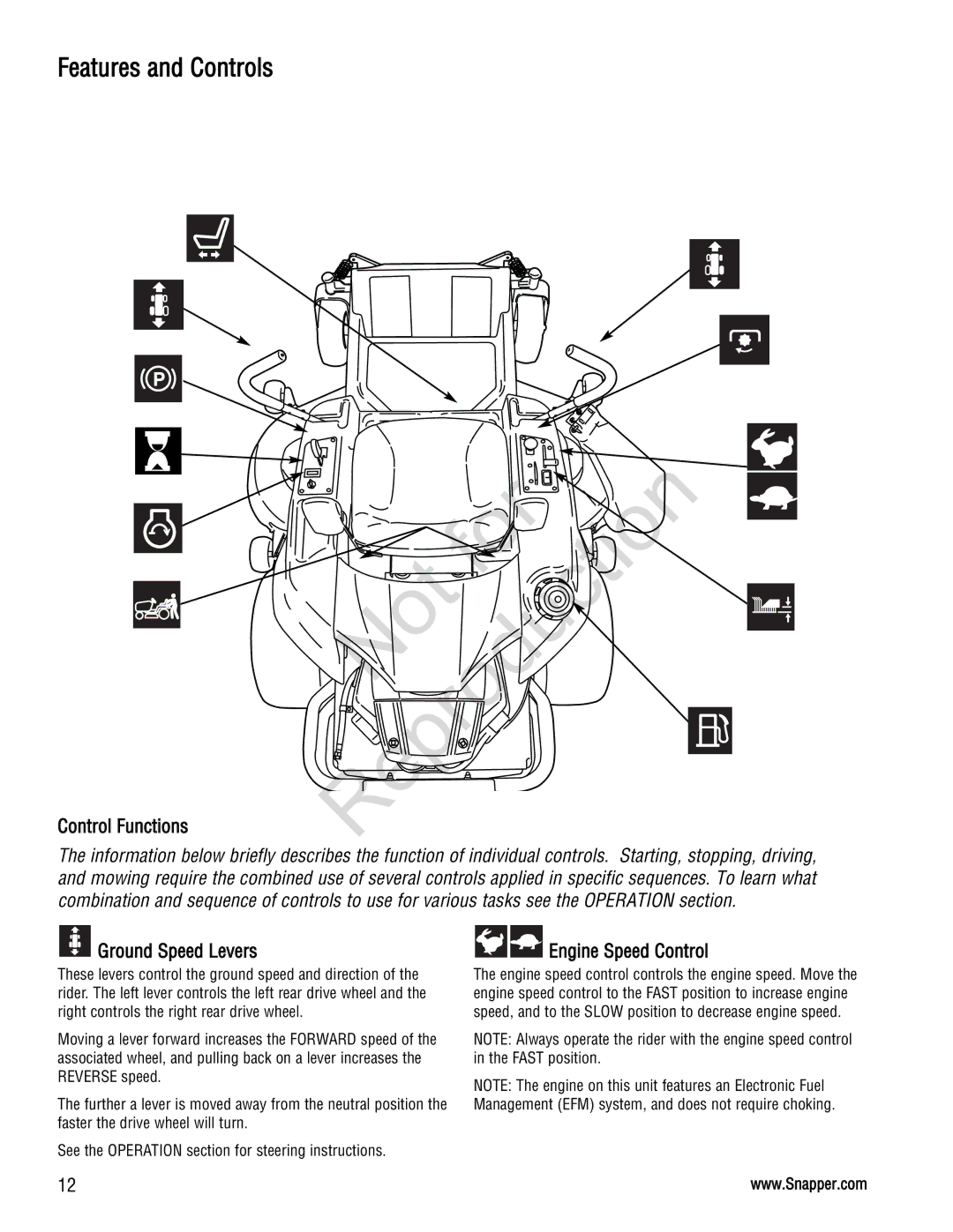 Snapper 285Z manual Features and Controls, Control Functions, Ground Speed Levers 