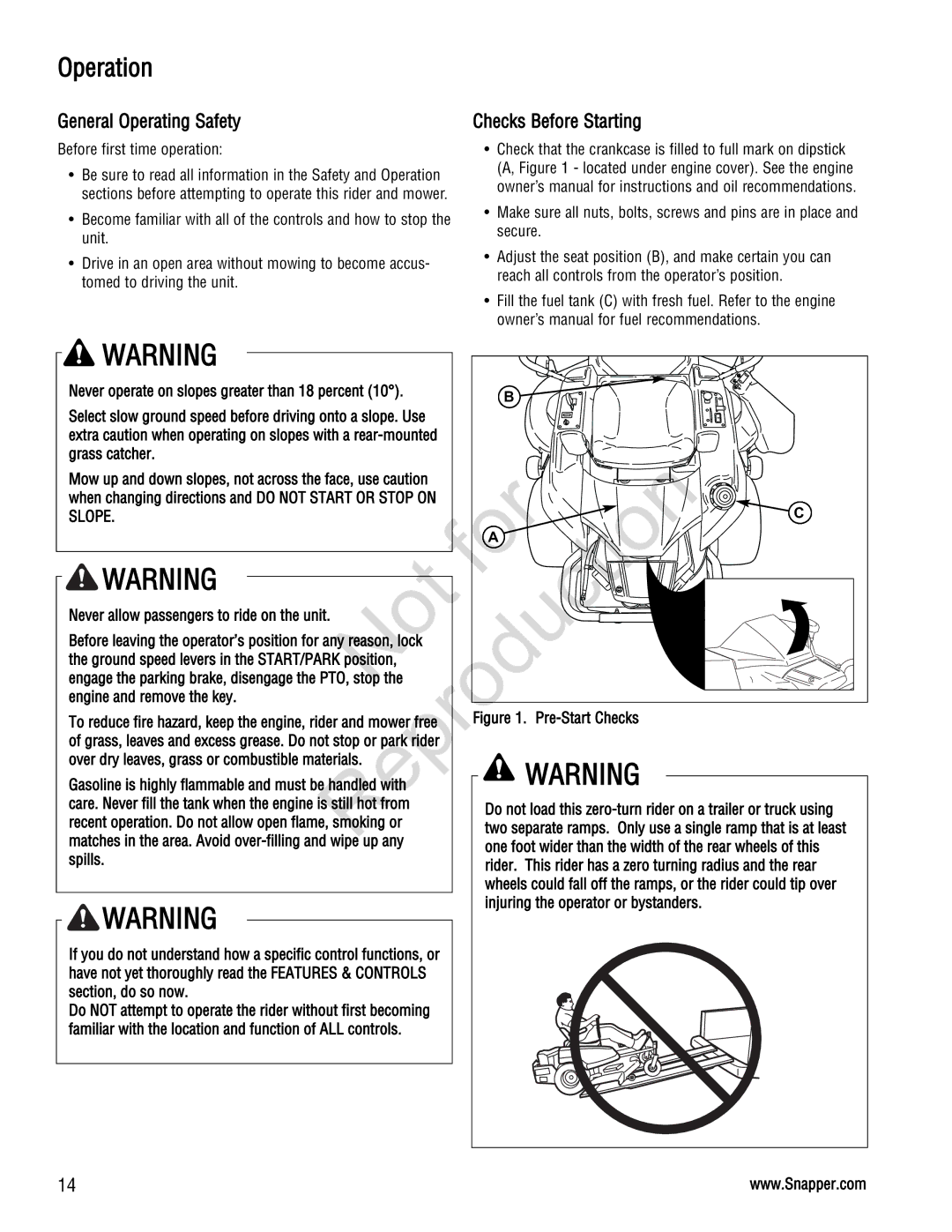 Snapper 285Z manual Operation, General Operating Safety, Checks Before Starting, Before first time operation 