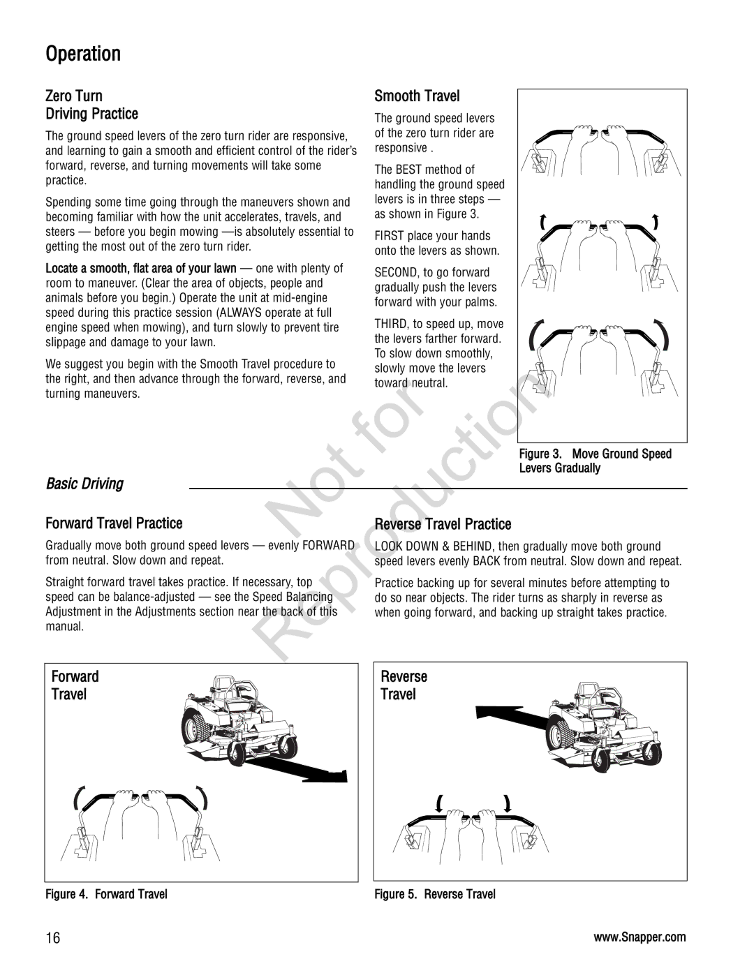 Snapper 285Z Zero Turn Smooth Travel Driving Practice, Forward Travel Practice Reverse Travel Practice, Levers Gradually 