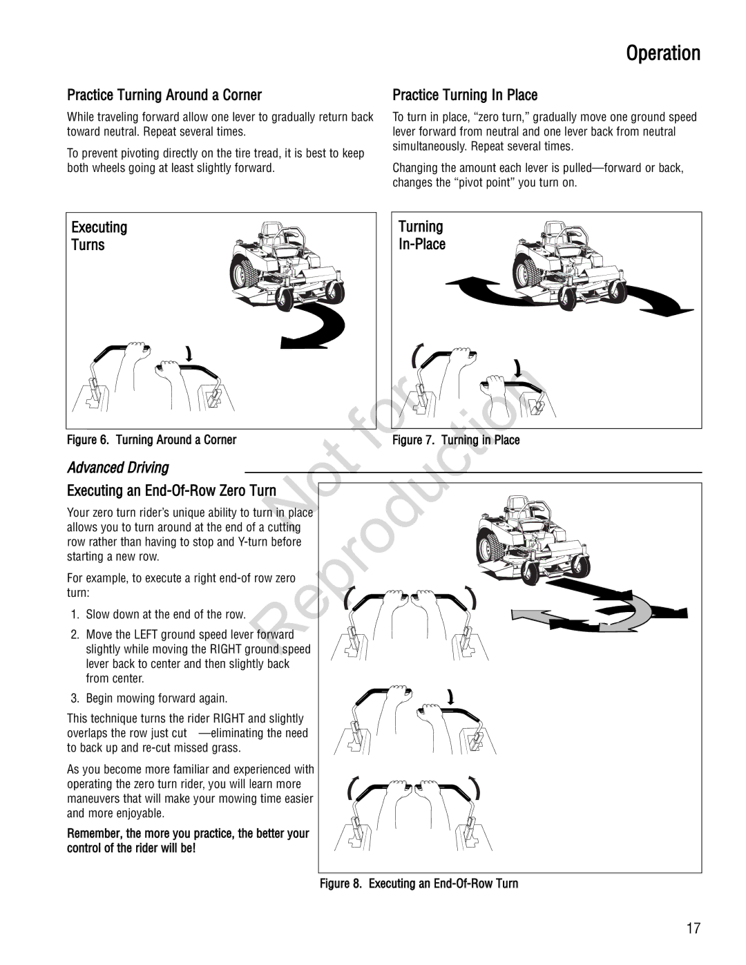 Snapper 285Z manual Practice Turning In Place, Turning In-Place, Allows you to turn around at the end of a cutting 
