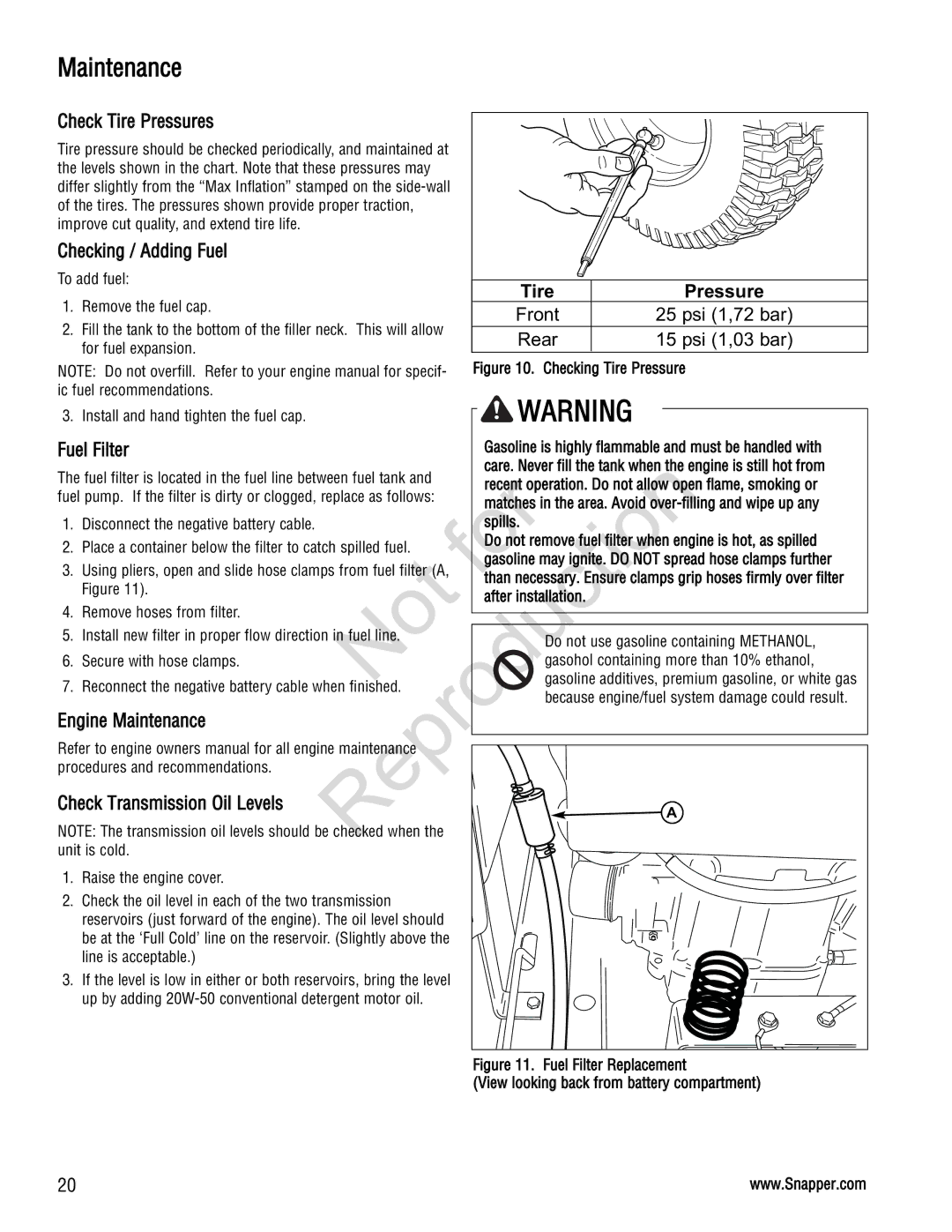 Snapper 285Z manual Fuel Filter, Engine Maintenance, Ver-filling and wipe up any, After installation 