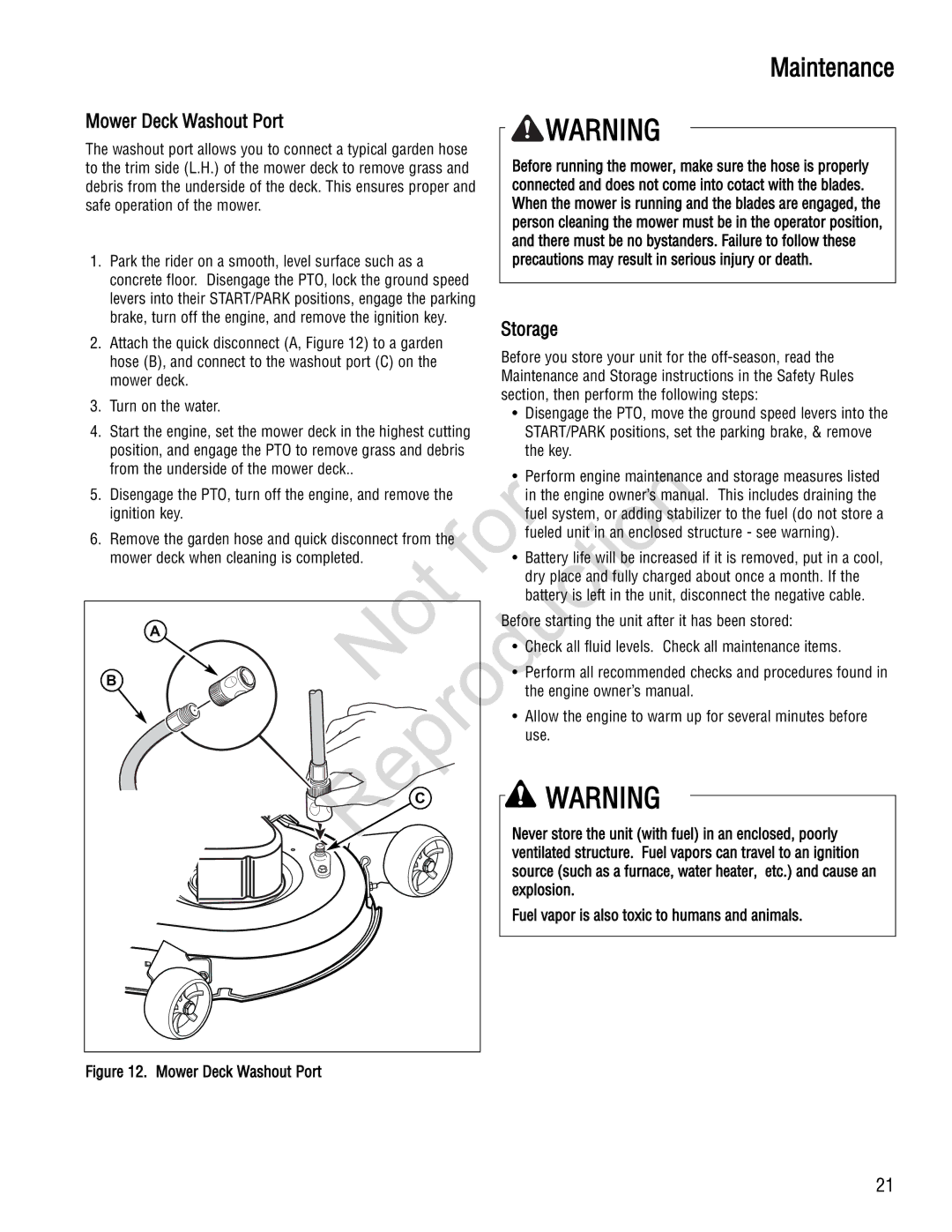 Snapper 285Z manual Storage, Precautions may result in serious injury or death 