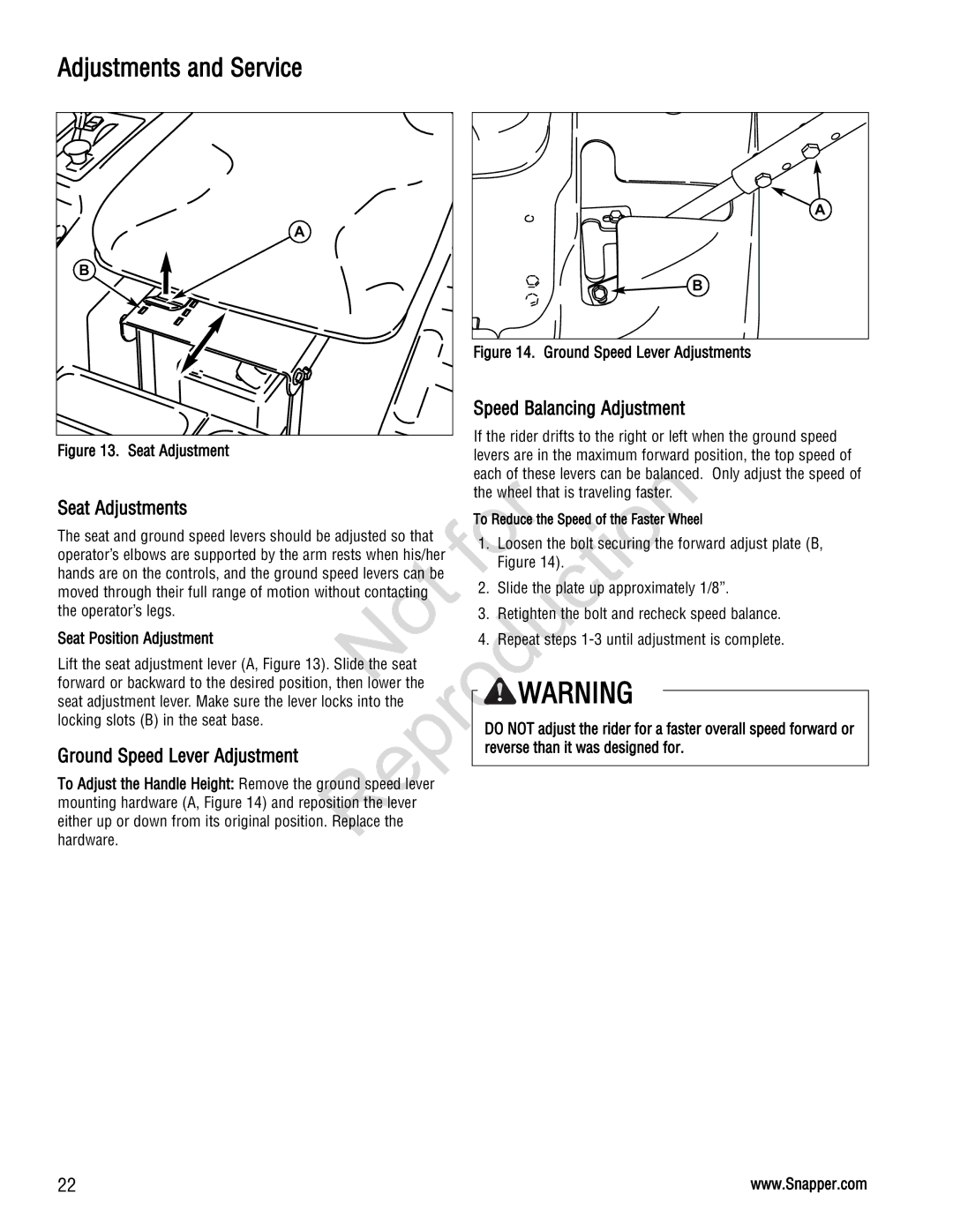 Snapper 285Z manual Adjustments and Service, Speed Balancing Adjustment, Seat Adjustments, Ground Speed Lever Adjustment 