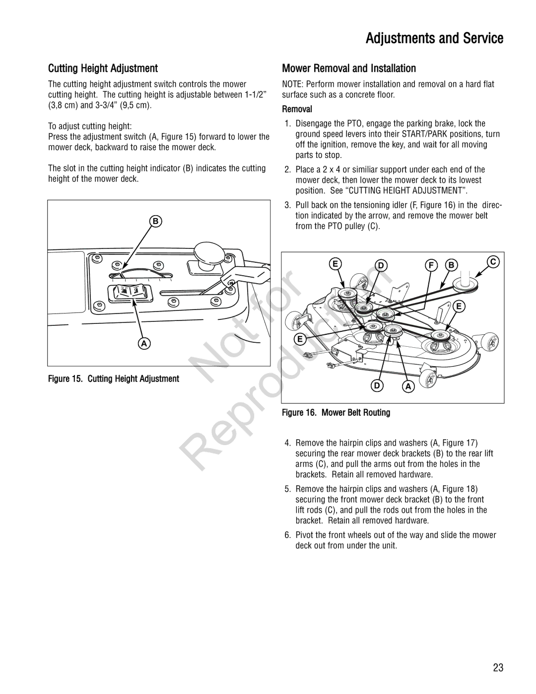 Snapper 285Z manual Cutting Height Adjustment, Mower Removal and Installation, From the PTO pulley C 