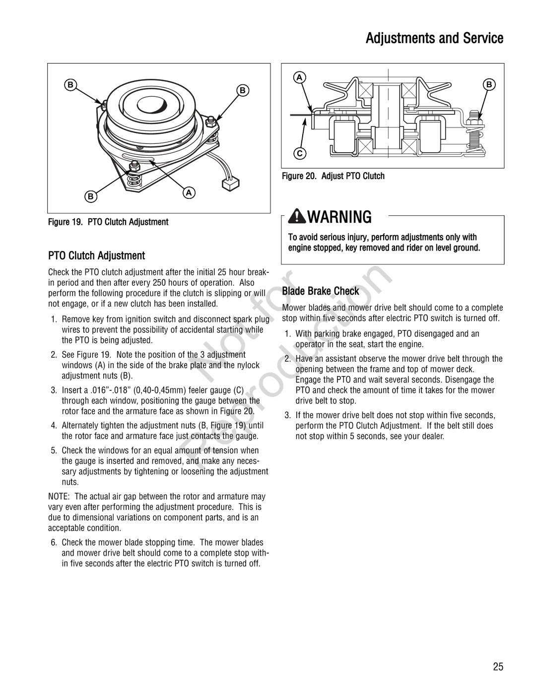 Snapper 285Z manual PTO Clutch Adjustment, Blade Brake Check, Perform the following procedure if the clutch is slipping 