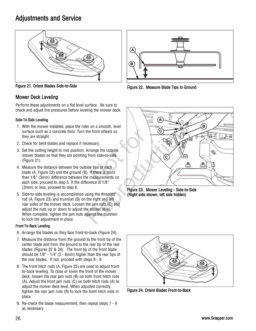 Snapper 285Z manual Mower Deck Leveling, Right side shown, left side hidden 