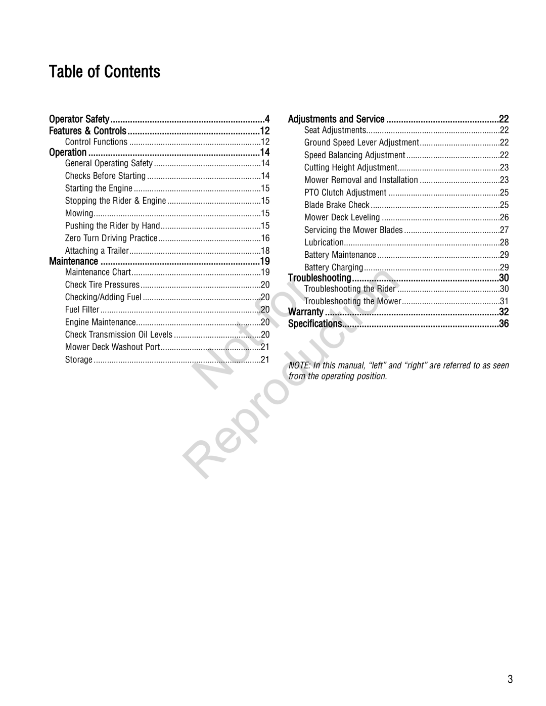 Snapper 285Z manual Table of Contents 