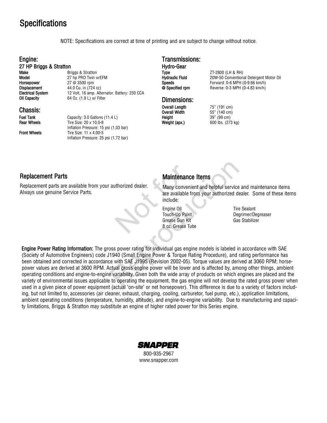 Snapper 285Z manual Specifications, Engine Transmissions, Dimensions Chassis, Replacement Parts, Maintenance Items 