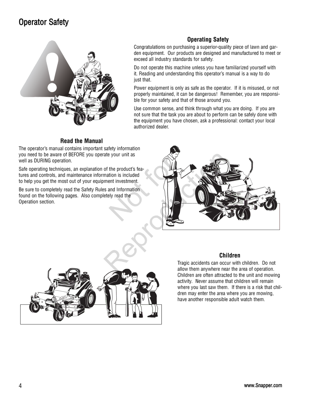 Snapper 285Z manual Operator Safety, Operating Safety, Read the Manual, Children 