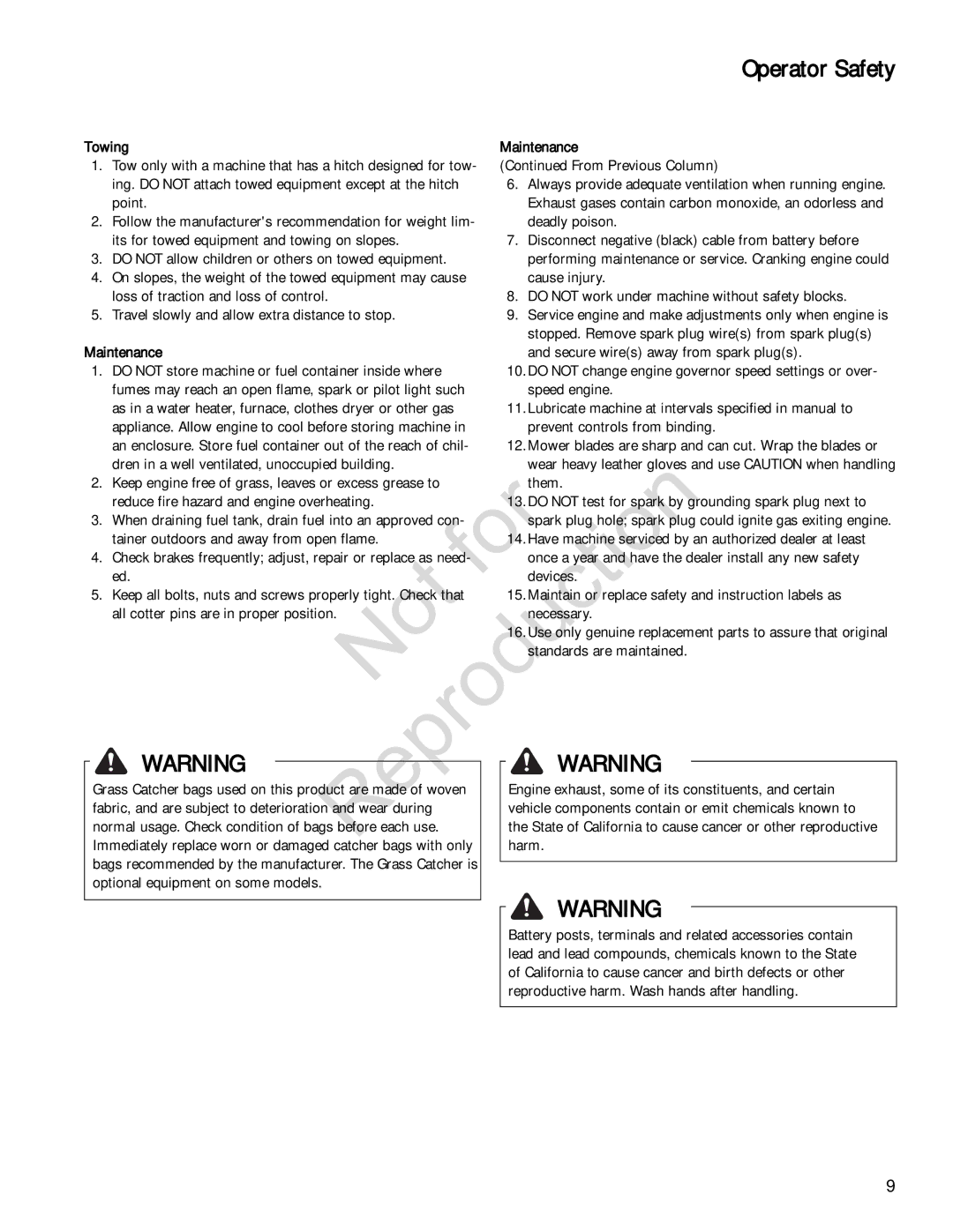 Snapper 285Z manual Towing Maintenance 