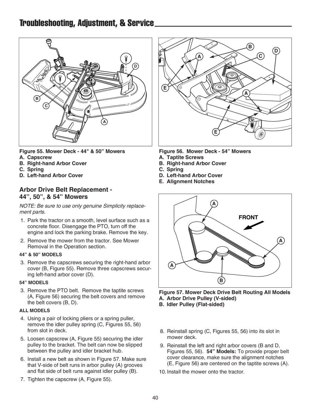 Snapper 300 Series, 1600 Series, 2600 Series manual Arbor Drive Belt Replacement 44, 50, & 54 Mowers, Front 