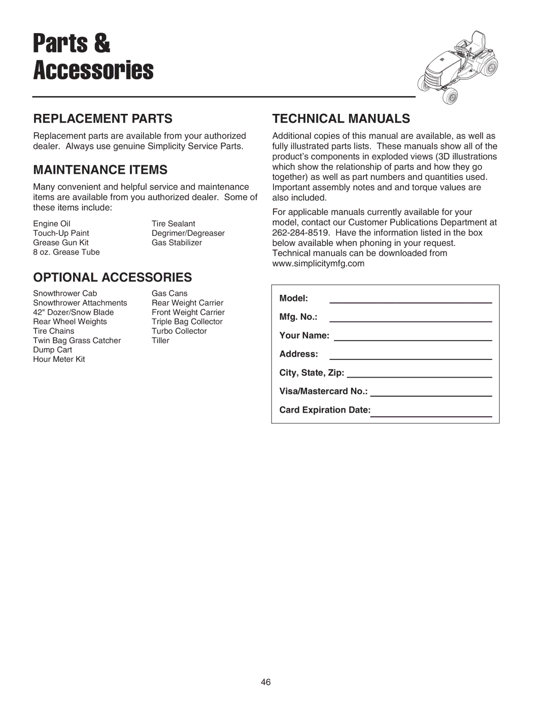 Snapper manual Replacement Parts, Maintenance Items, Technical Manuals, Optional Accessories 