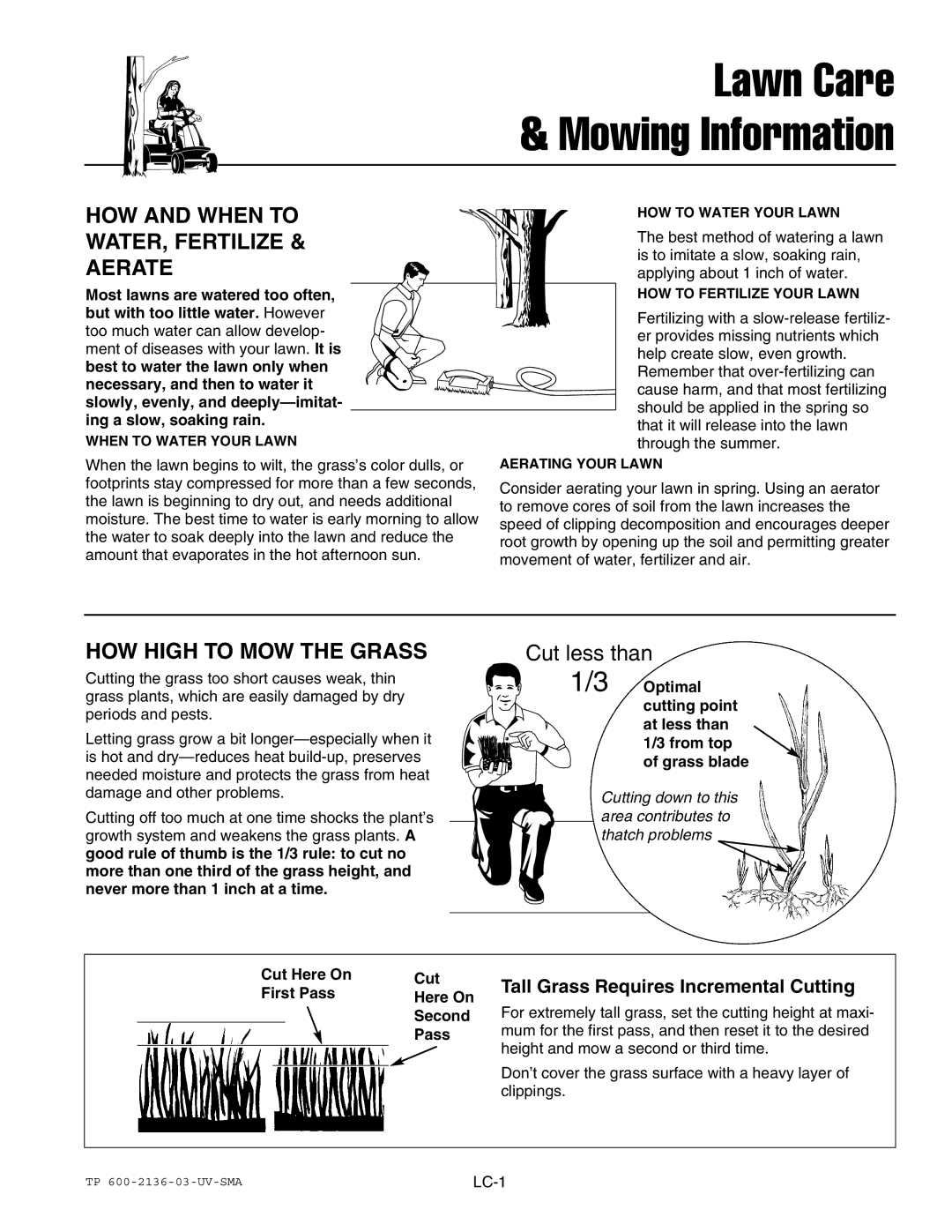 Snapper 300 Series, 1600 Series, 2600 Series manual HOW and When to, WATER, Fertilize, Aerate, HOW High to MOW the Grass 