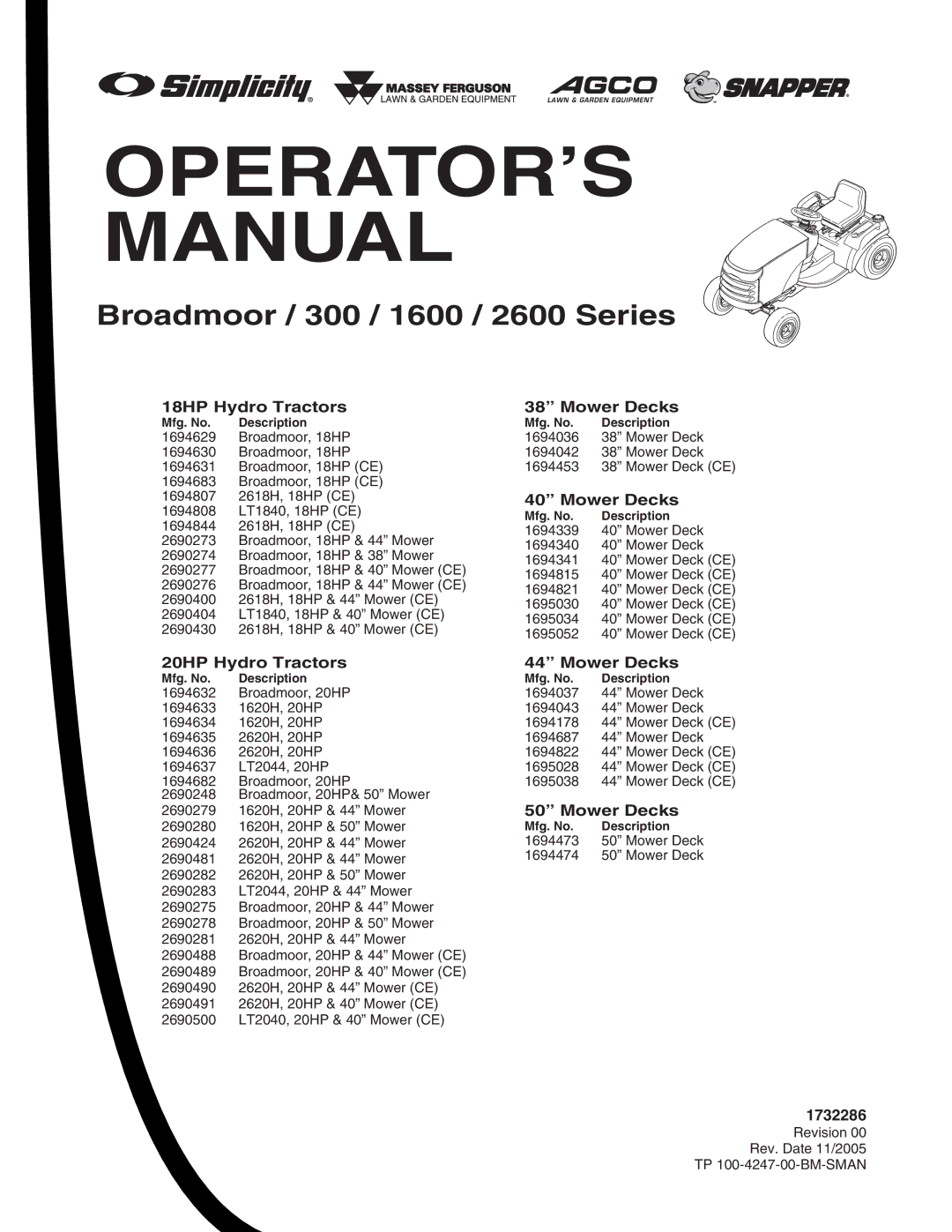 Snapper 2600 Series, 300 Series, 1600 Series manual 18HP Hydro Tractors, 20HP Hydro Tractors, Mower Decks, 1732286 