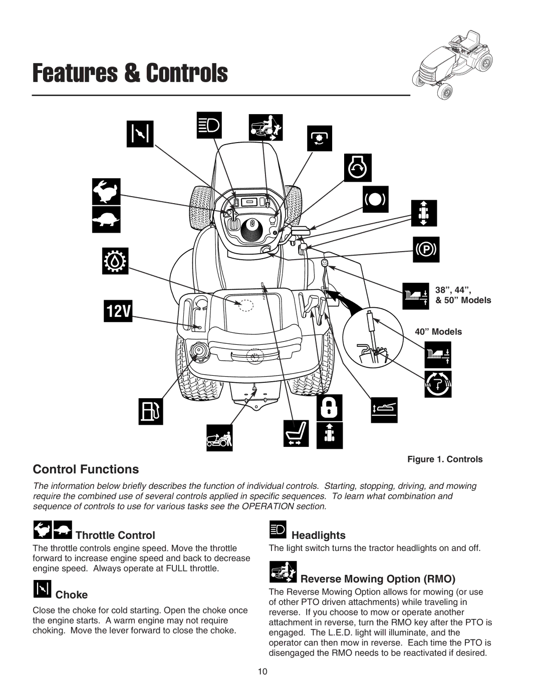 Snapper 300 Series, 2600 Series manual Control Functions, Throttle Control, Choke, Headlights, Reverse Mowing Option RMO 