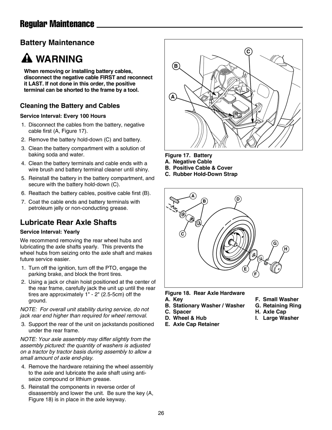 Snapper 2600 Series, 300 Series manual Battery Maintenance, Lubricate Rear Axle Shafts, Cleaning the Battery and Cables 