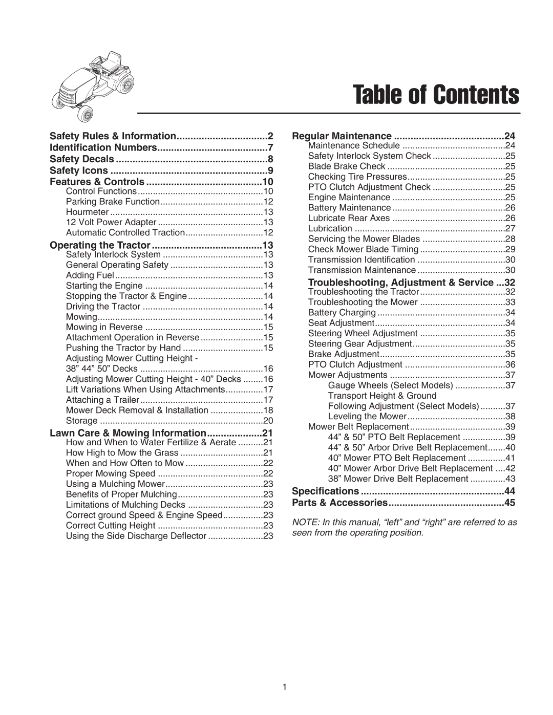 Snapper 300 Series, 2600 Series, 1600 Series manual Table of Contents 