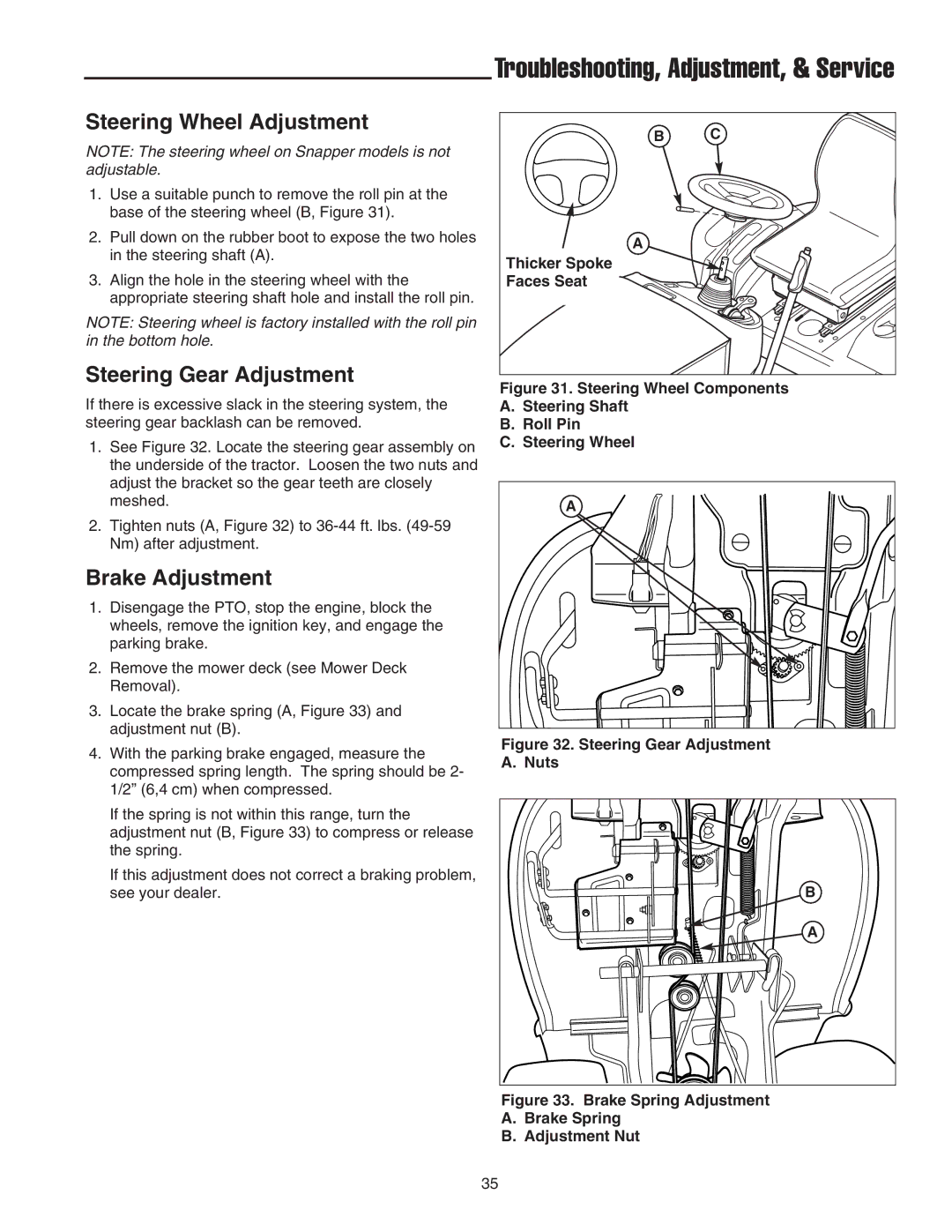 Snapper 2600 Series manual Steering Wheel Adjustment, Steering Gear Adjustment, Brake Adjustment, Thicker Spoke Faces Seat 