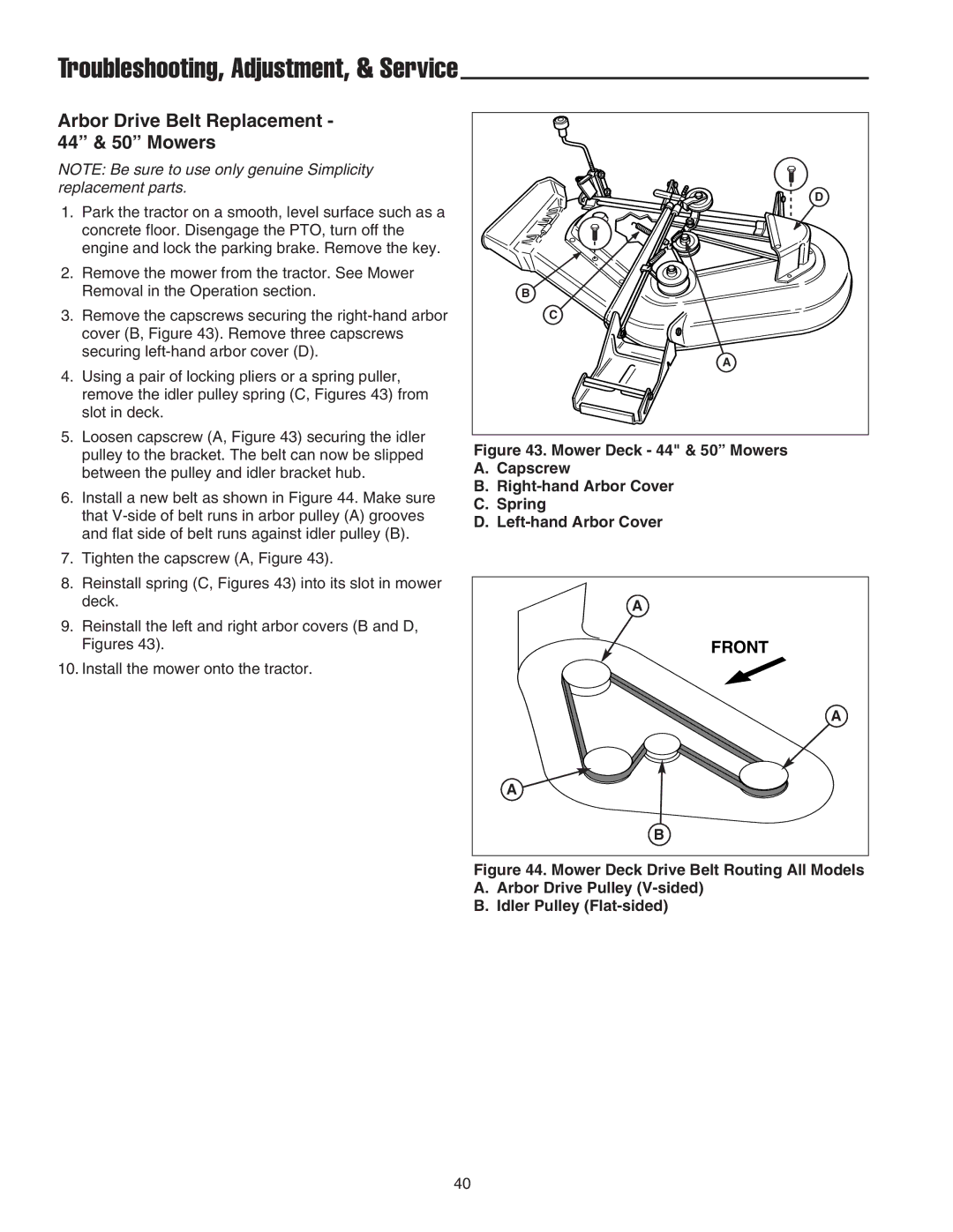 Snapper 300 Series, 2600 Series, 1600 Series manual Arbor Drive Belt Replacement 44 & 50 Mowers 