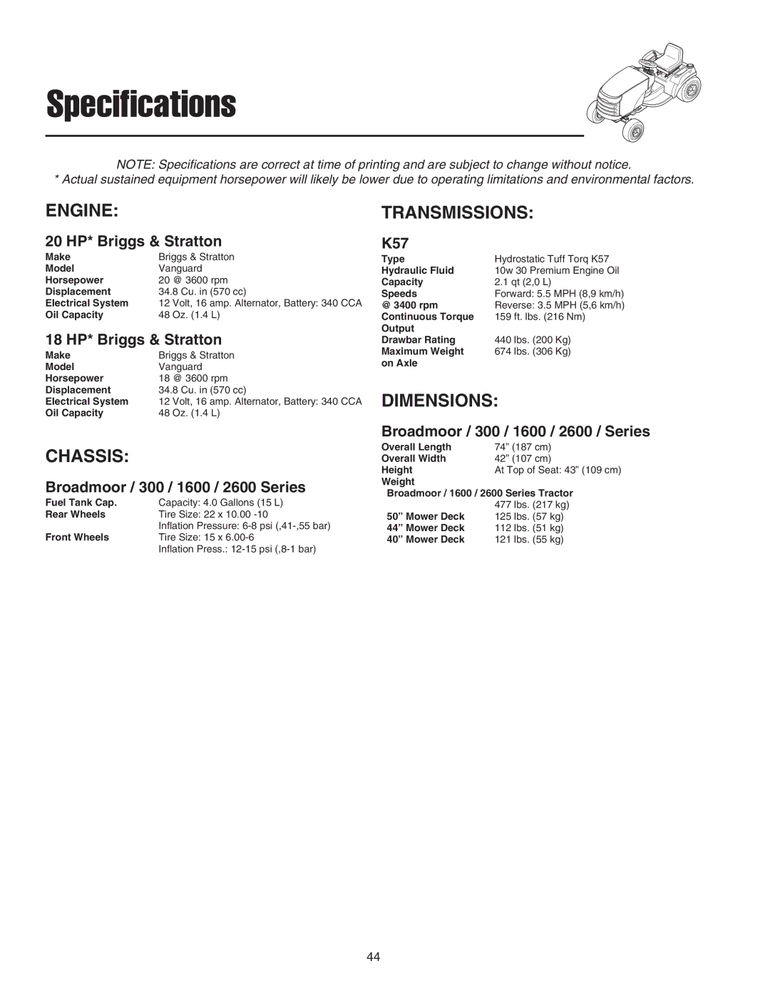 Snapper 300 Series manual 20 HP* Briggs & Stratton, 18 HP* Briggs & Stratton, Broadmoor / 300 / 1600 / 2600 Series, K57 