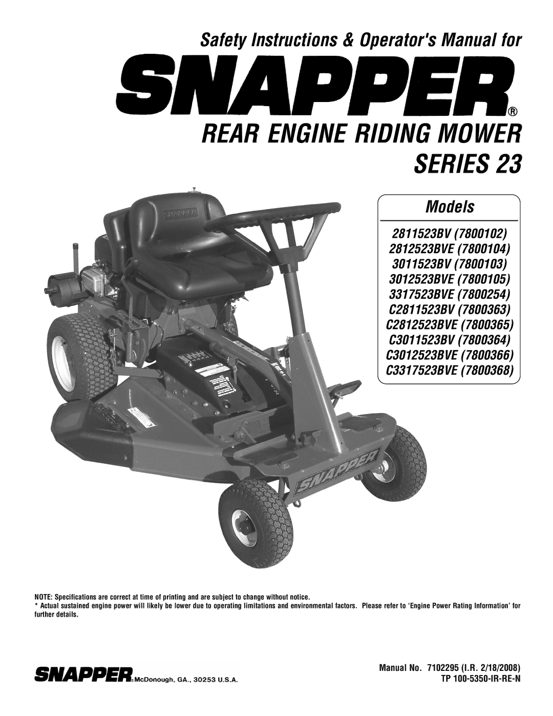 Snapper 3011523BV specifications Series 