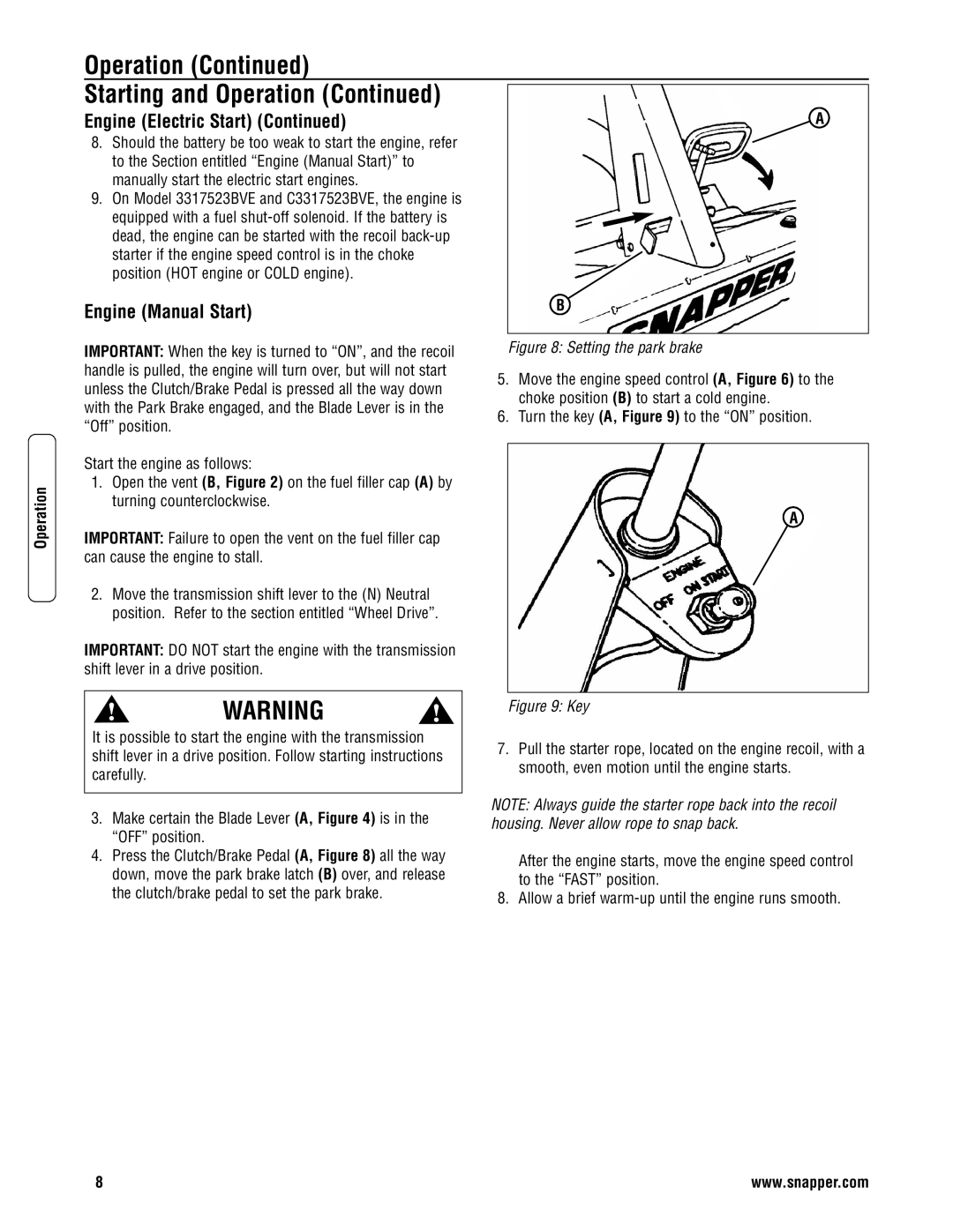 Snapper 3011523BV specifications Engine Manual Start, Setting the park brake 