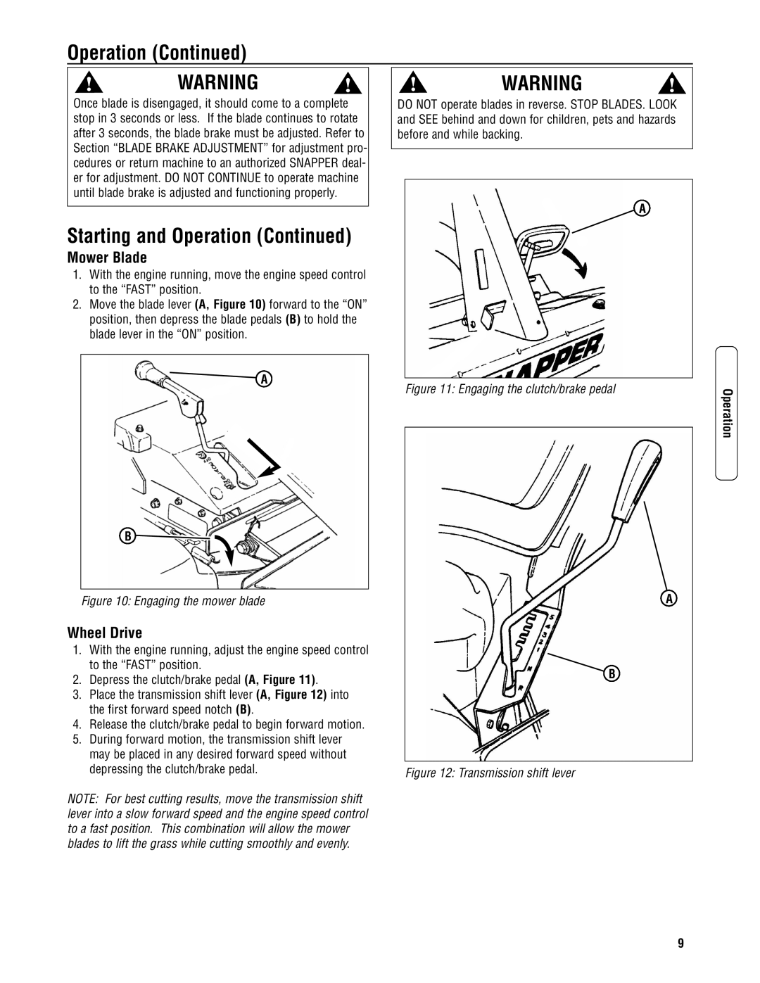 Snapper 3011523BV specifications Operation, Mower Blade, Wheel Drive 