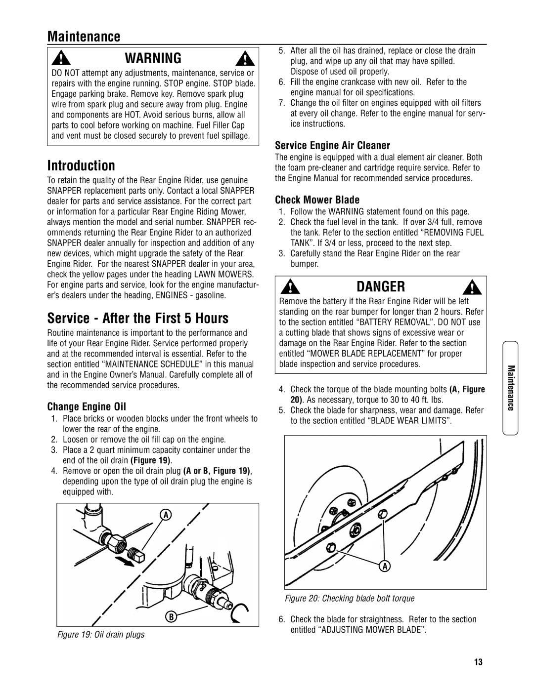 Snapper 3011523BV specifications Maintenance, Introduction, Service After the First 5 Hours 