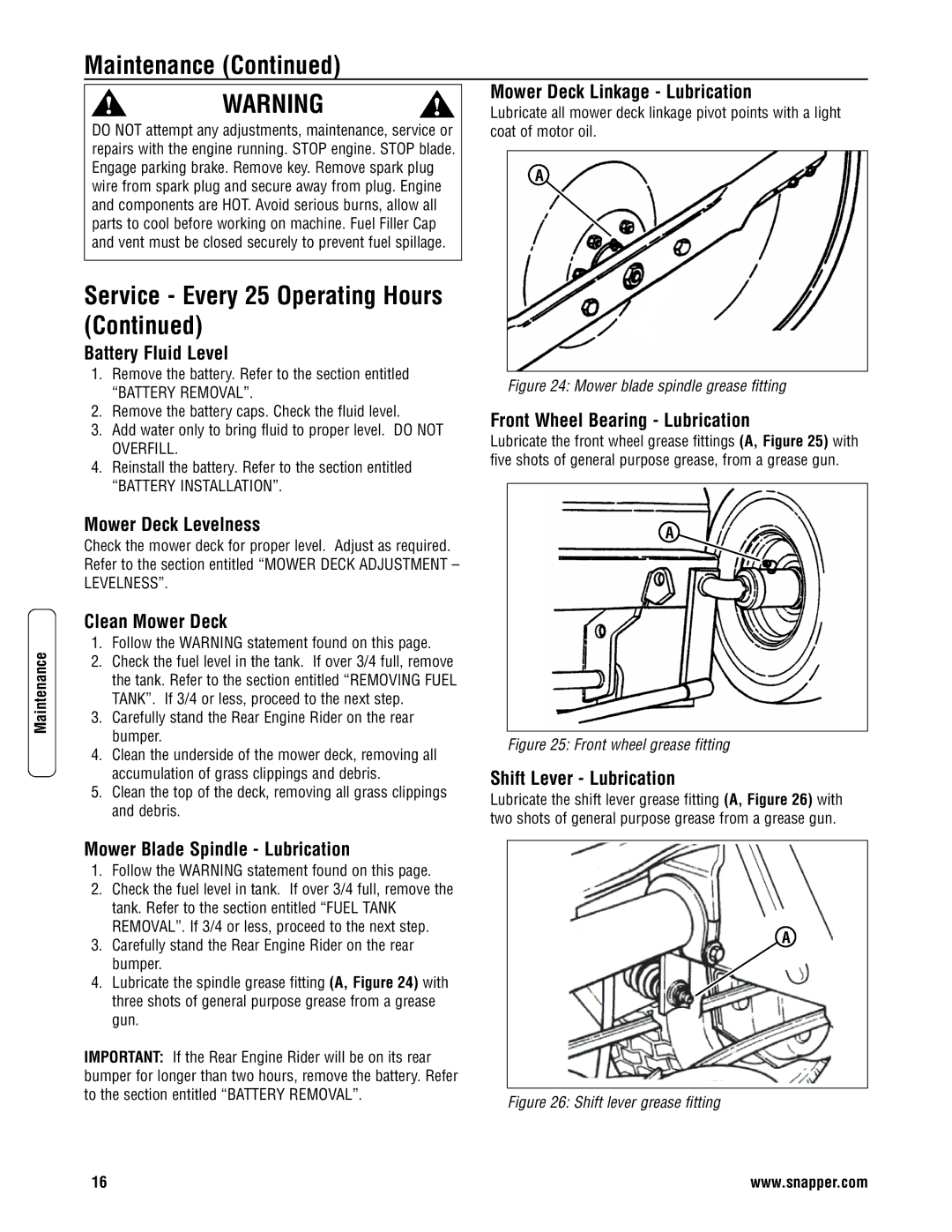 Snapper 3011523BV specifications Service Every 25 Operating Hours 