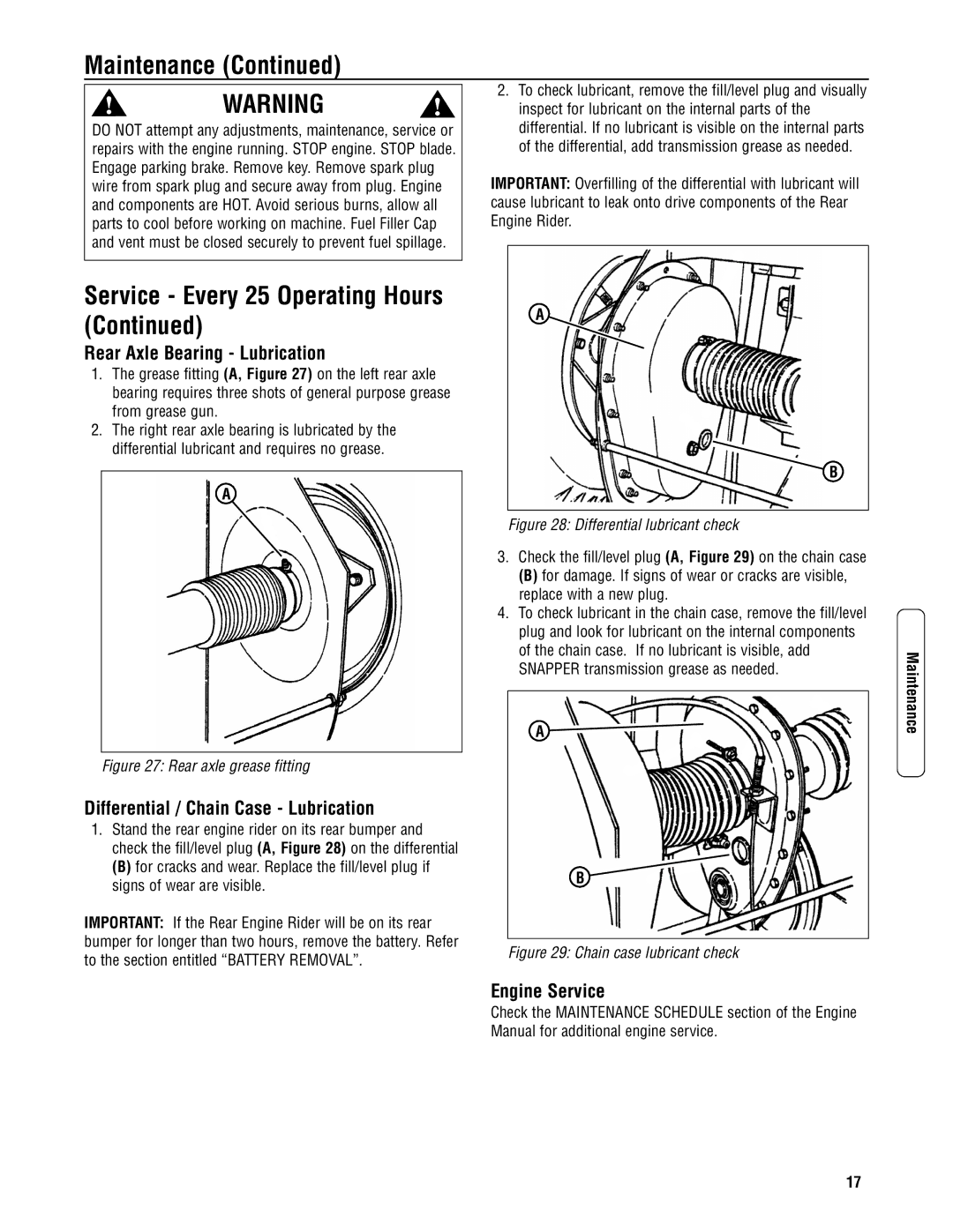 Snapper 3011523BV specifications Rear Axle Bearing Lubrication, Differential / Chain Case Lubrication, Engine Service 