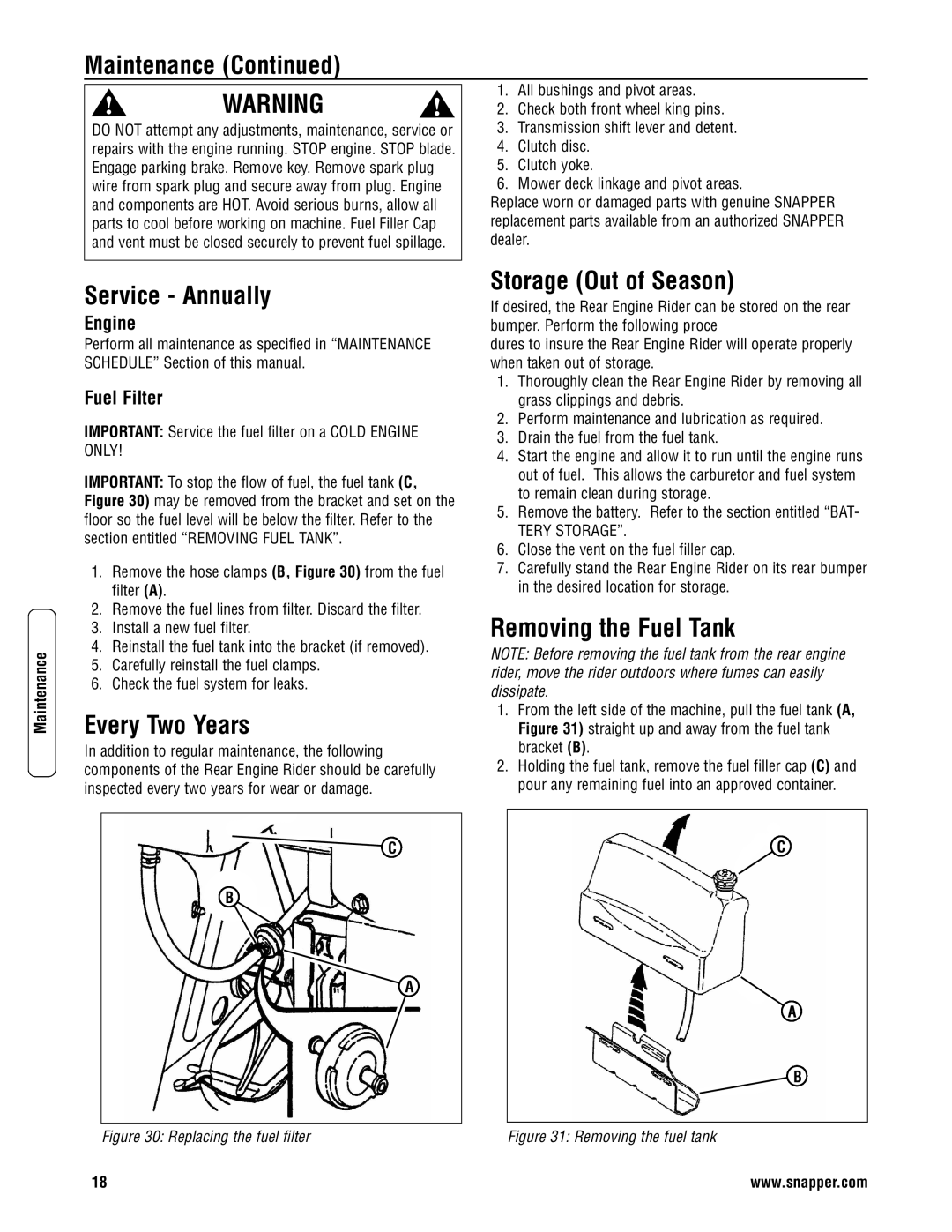 Snapper 3011523BV Service Annually, Every Two Years, Storage Out of Season, Removing the Fuel Tank, Fuel Filter 