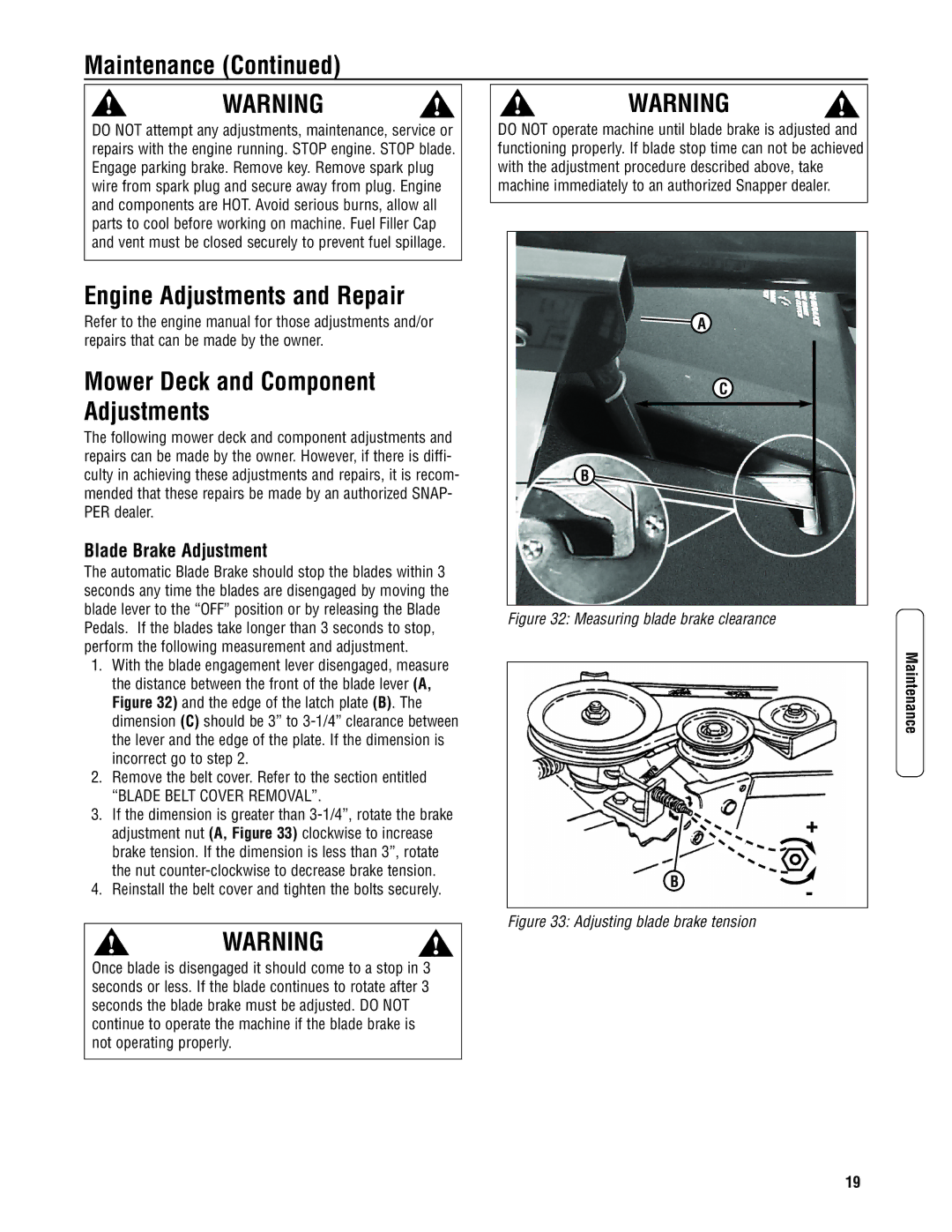 Snapper 3011523BV Engine Adjustments and Repair, Mower Deck and Component Adjustments, Blade Brake Adjustment 