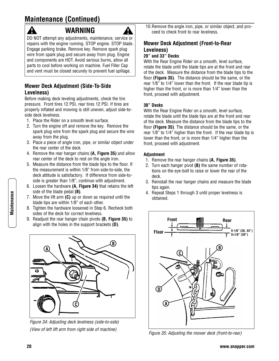 Snapper 3011523BV Mower Deck Adjustment Side-To-Side Levelness, Mower Deck Adjustment Front-to-Rear Levelness 