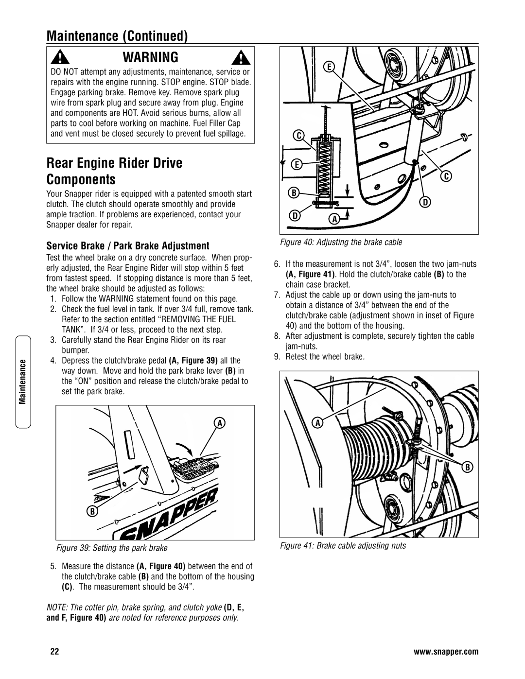 Snapper 3011523BV specifications Rear Engine Rider Drive Components, Measurement should be 3/4 