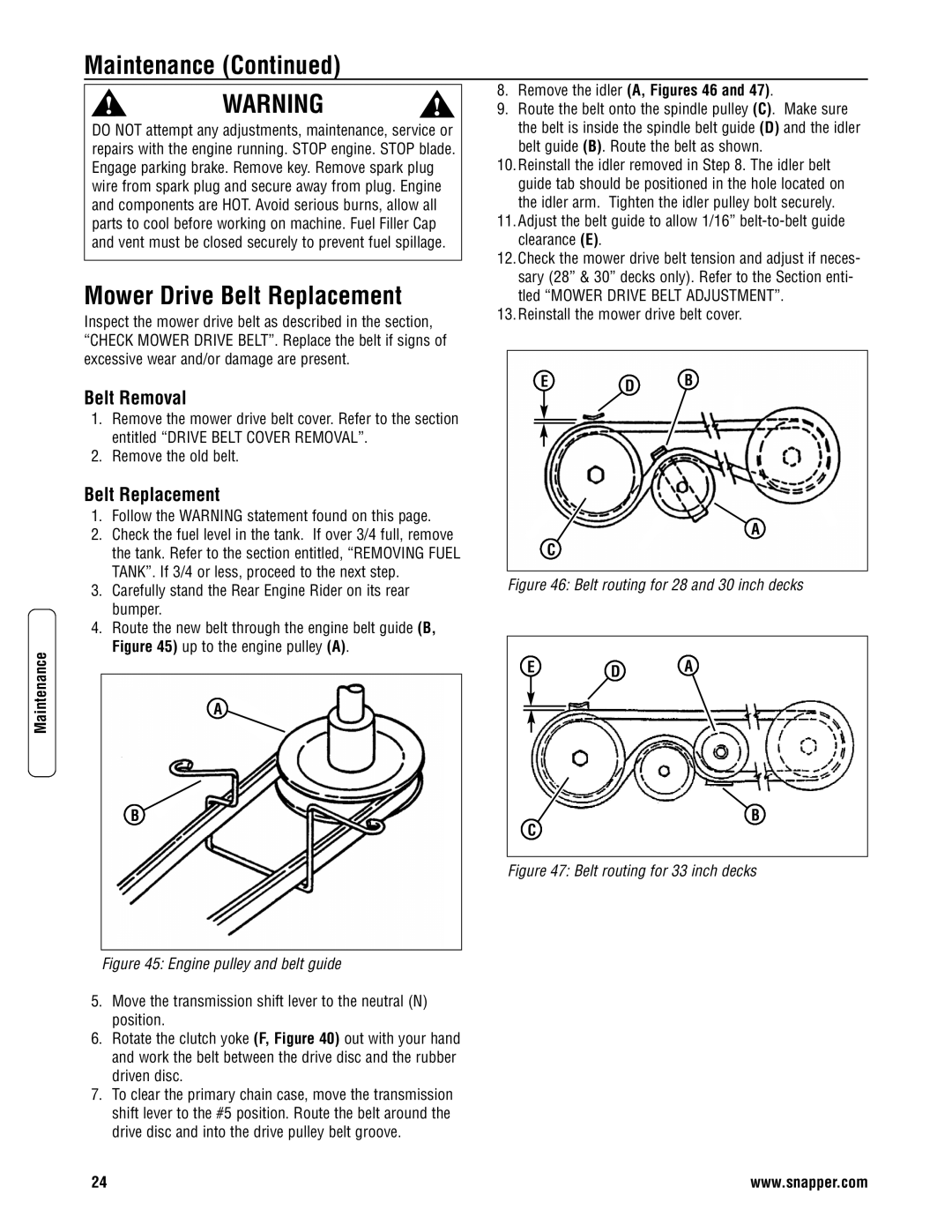 Snapper 3011523BV specifications Belt Removal, Belt Replacement, Remove the idler A, Figures 46 