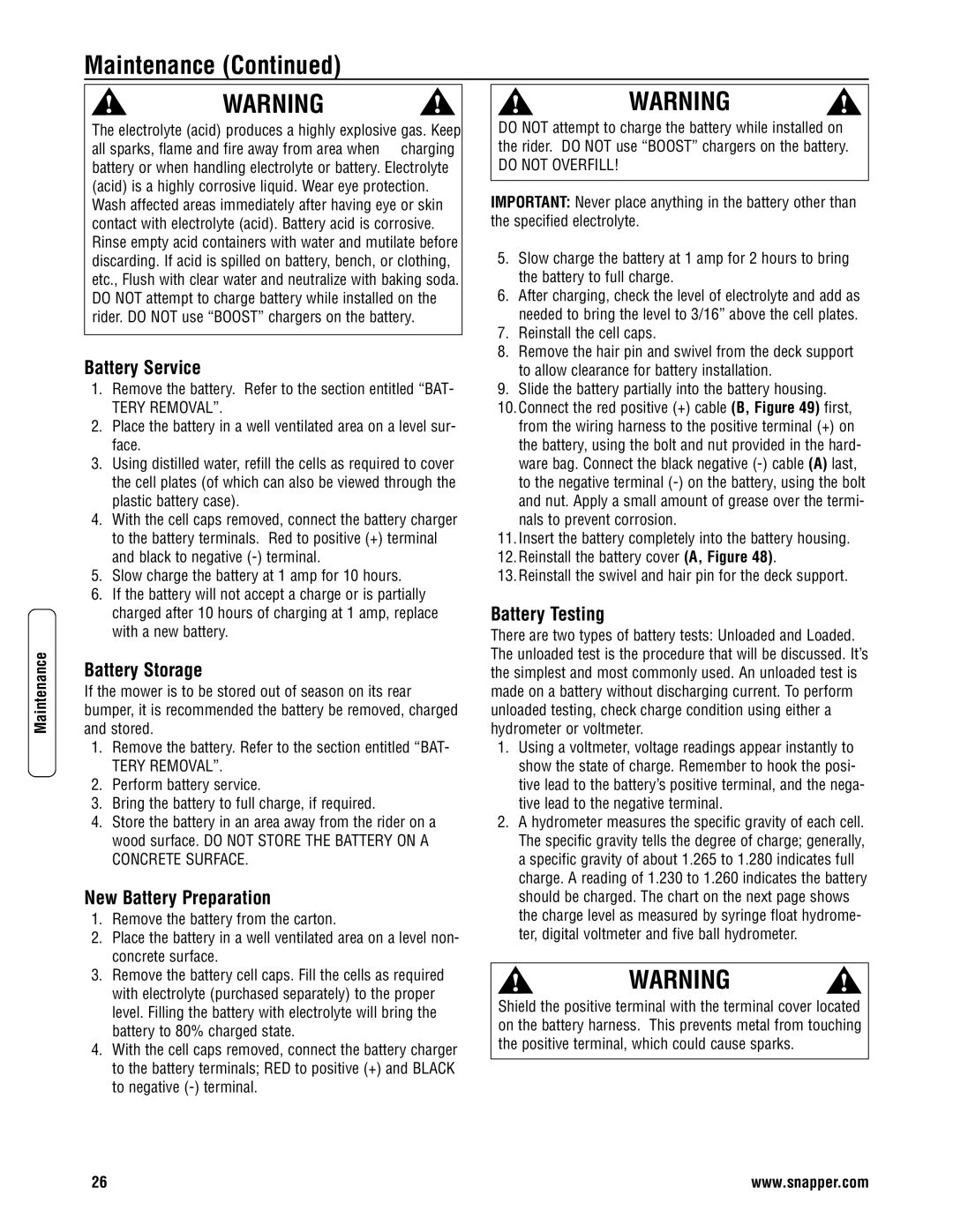 Snapper 3011523BV specifications Battery Service, Battery Storage, New Battery Preparation, Battery Testing 