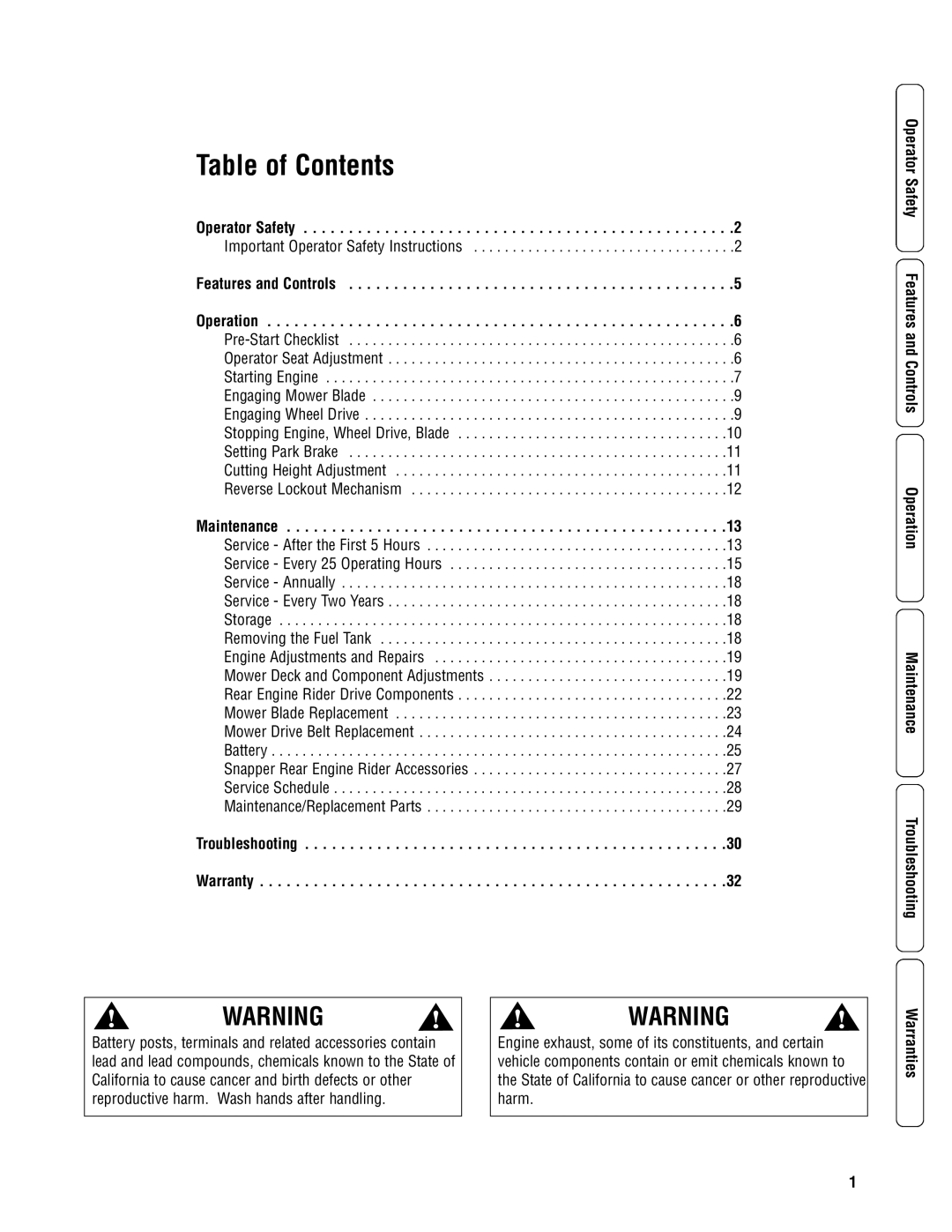 Snapper 3011523BV specifications Table of Contents 