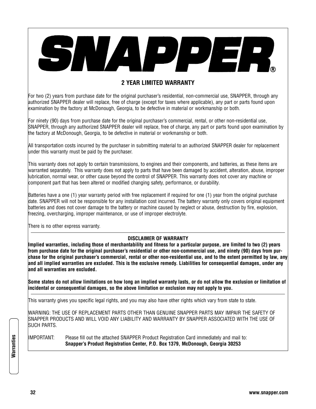 Snapper 3011523BV specifications Year Limited Warranty 