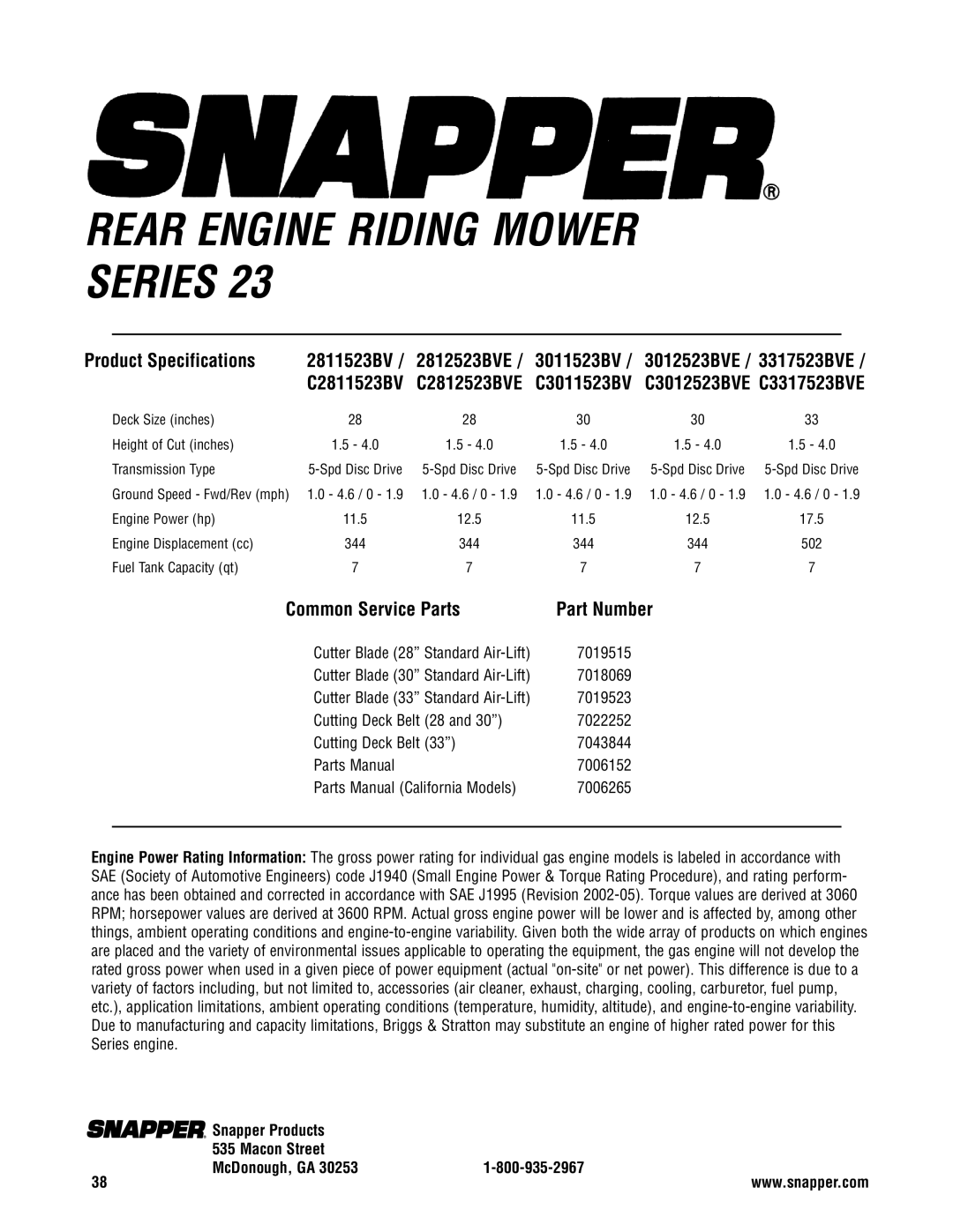 Snapper 3011523BV specifications Product Specifications, Common Service Parts, 2811523BV 2812523BVE 