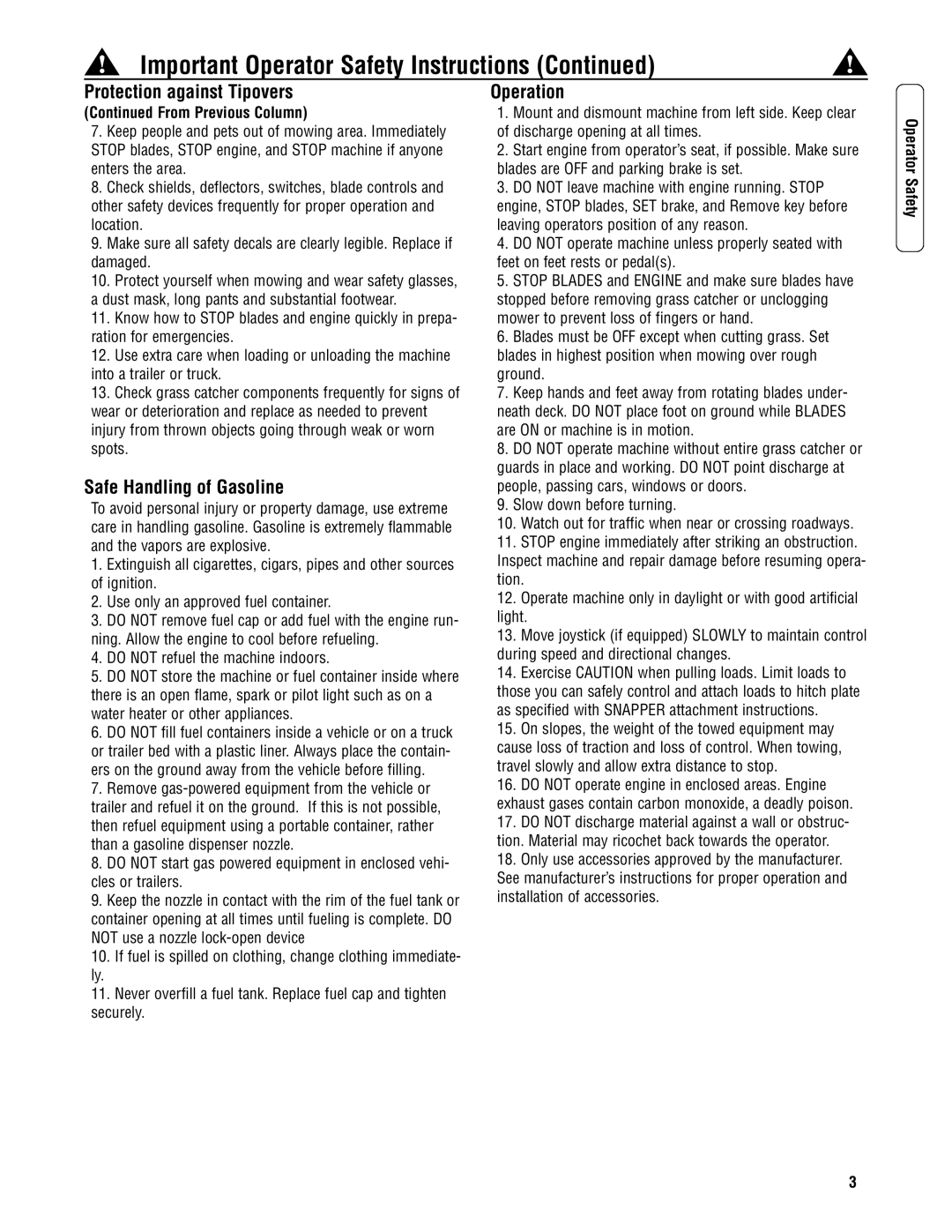 Snapper 3011523BV specifications Safe Handling of Gasoline, Operation 