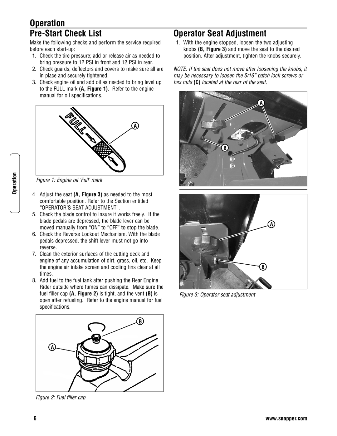 Snapper 3011523BV specifications Operation Pre-Start Check List, OPERATOR’S Seat Adjustment 