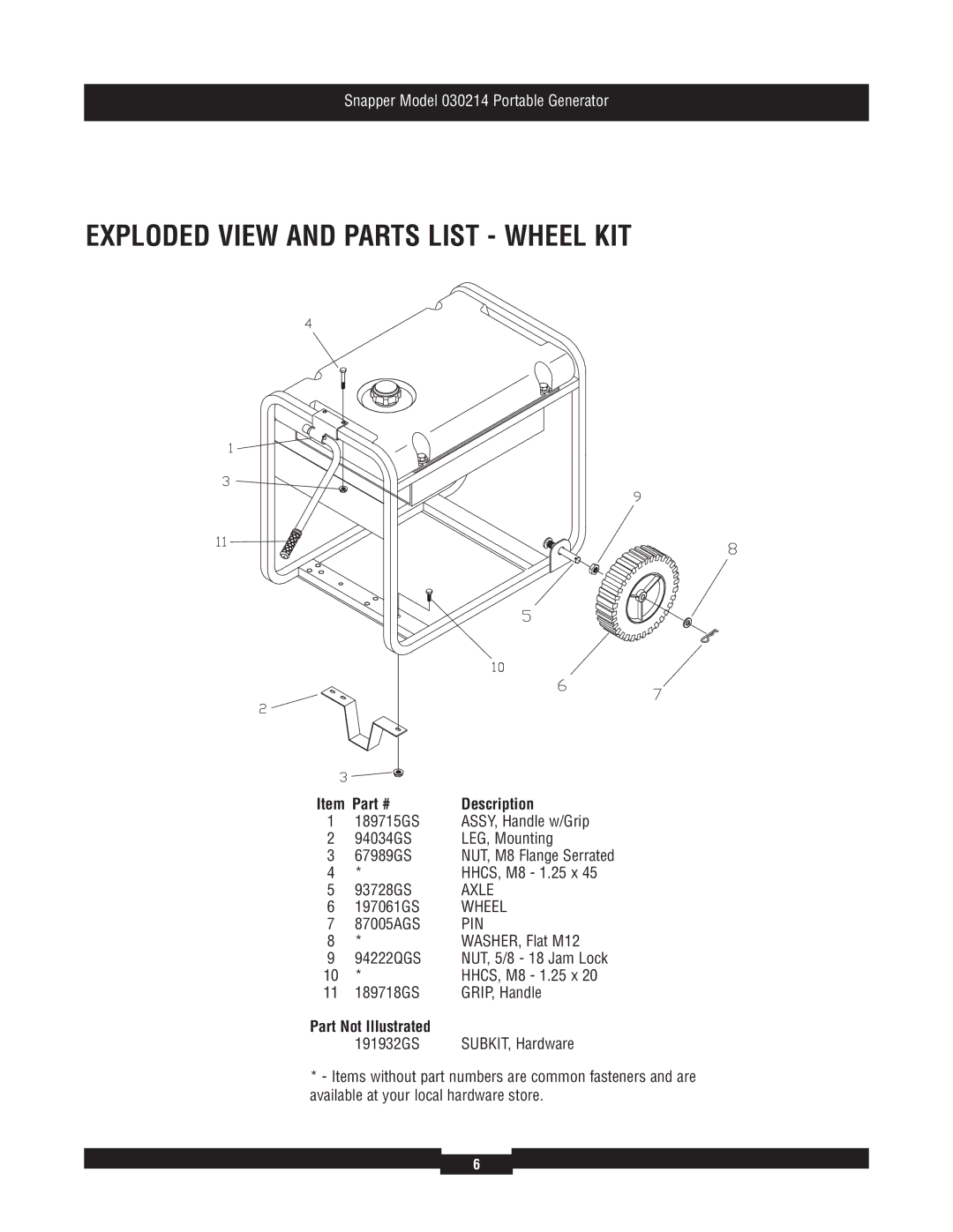 Snapper 30214 manual Exploded View and Parts List Wheel KIT, Axle, Pin, Part Not Illustrated 