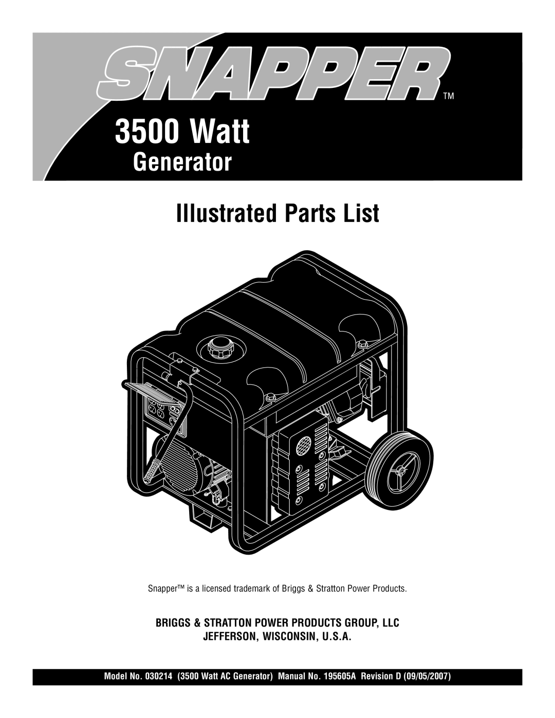 Snapper 30214 manual Watt, Generator, Illustrated Parts List, Briggs & Stratton Power Products Group, Llc 