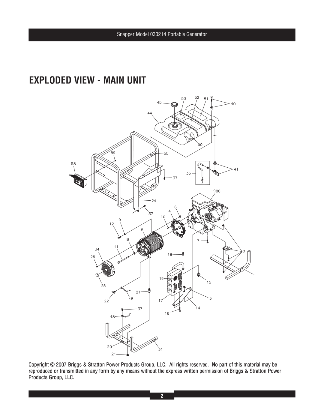 Snapper manual Exploded View - Main Unit, Snapper Model 030214 Portable Generator 